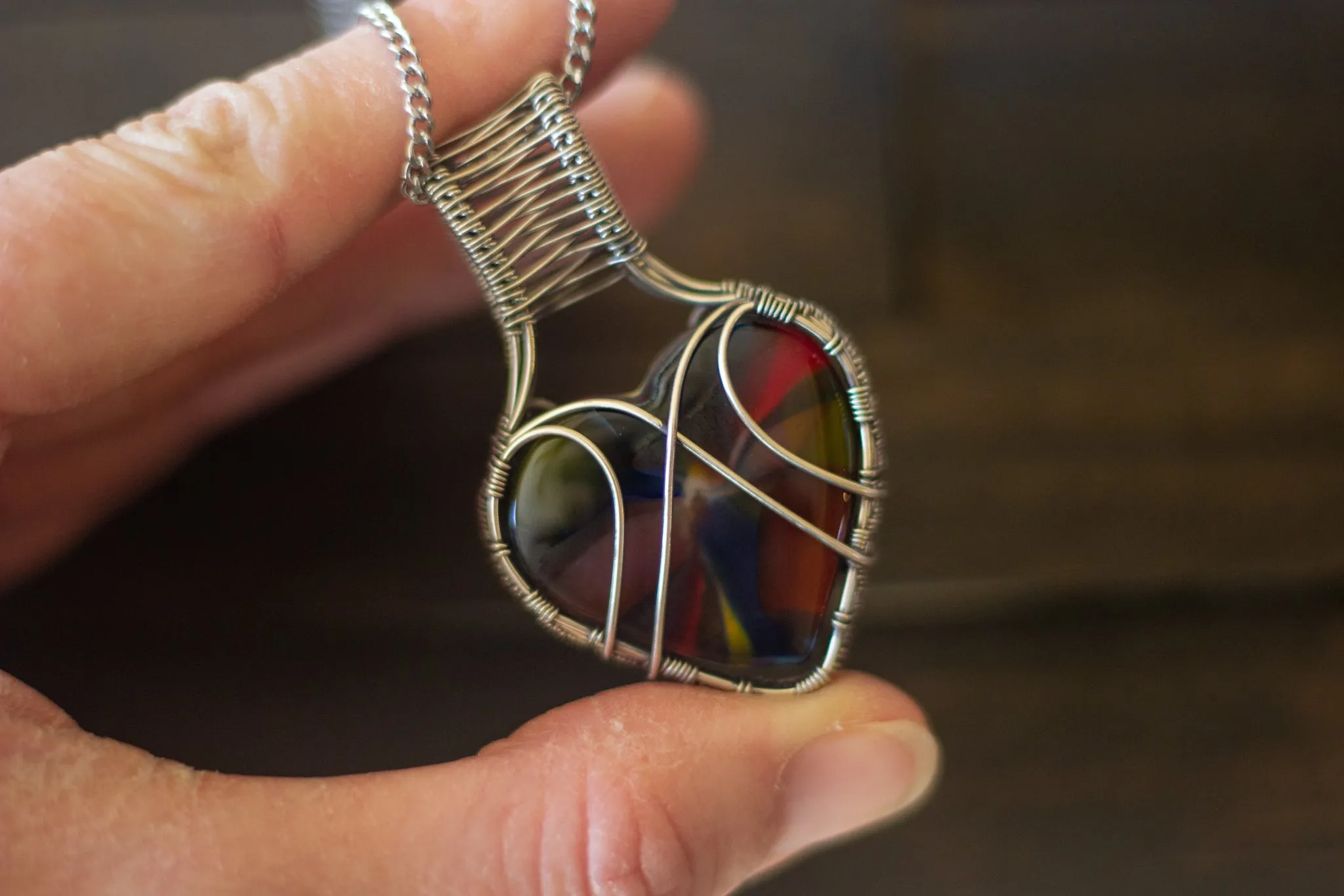 Multi-color Swirl Heart Fused Glass Pendant with Sterling Silver Wire Wrapping