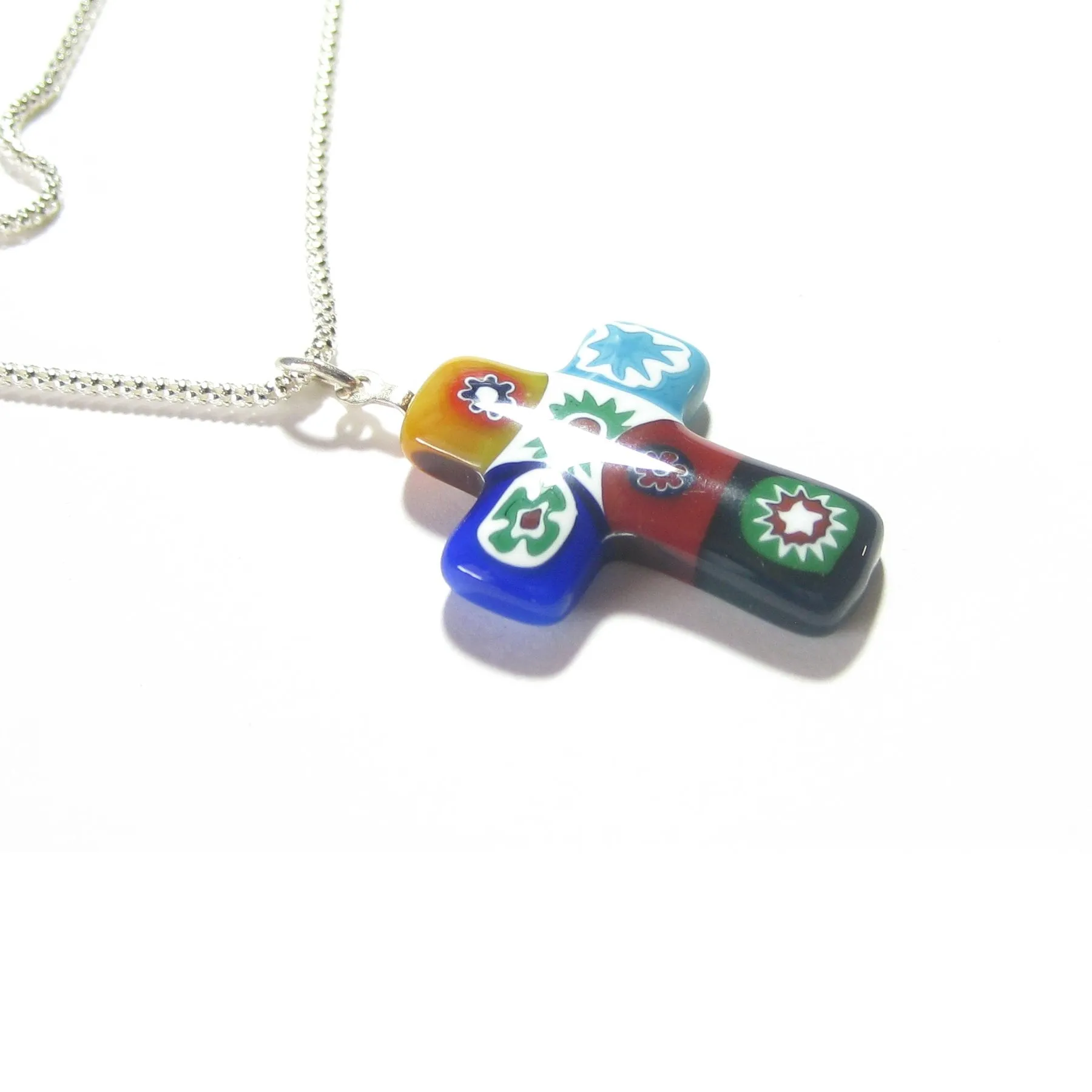Murano Italian Glass Millefiori Colorful Cross Pendant