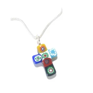 Murano Italian Glass Millefiori Colorful Cross Pendant