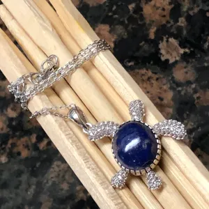 Natural Blue Lapis Lazuli 925 Solid Sterling Silver Turtle Necklace 17"