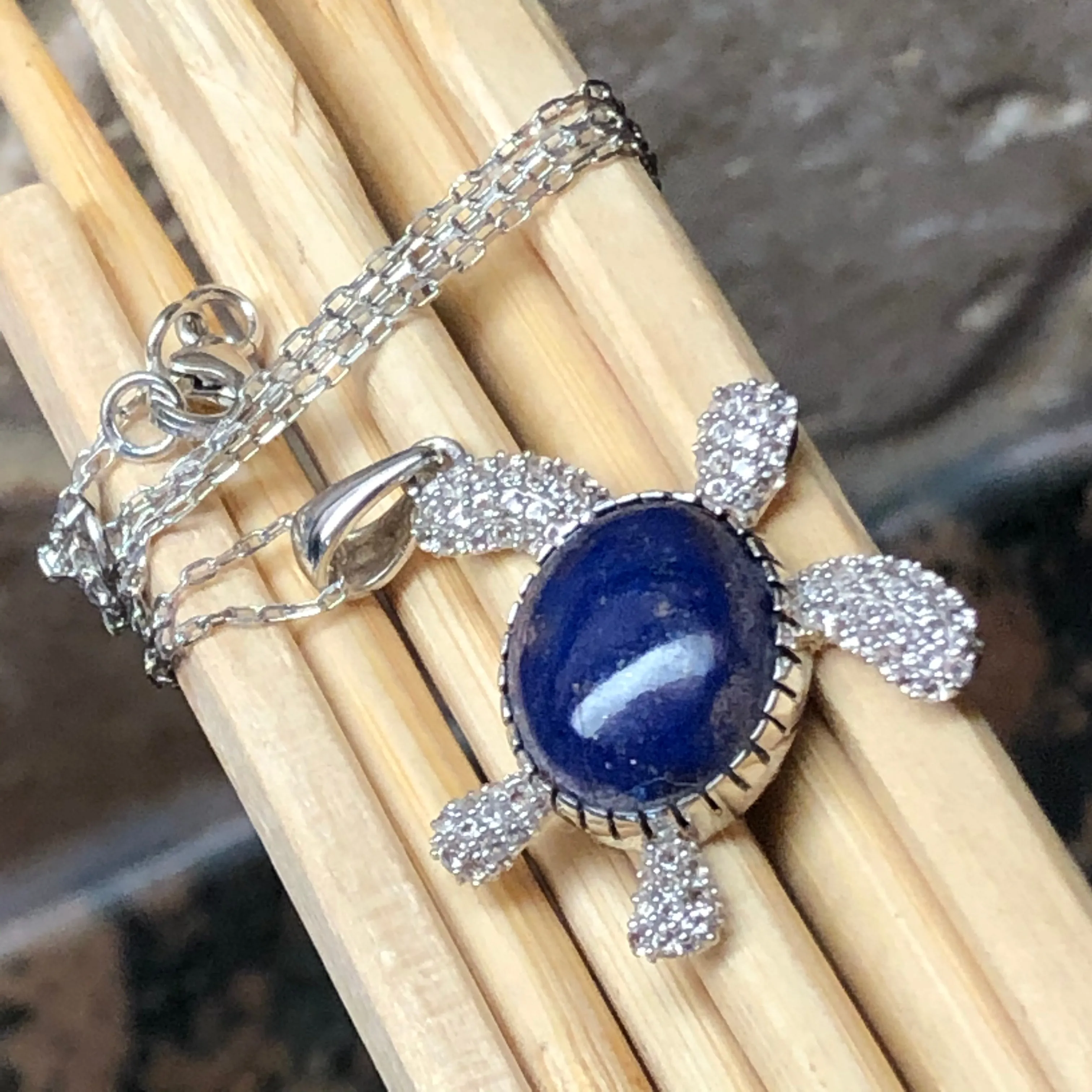 Natural Blue Lapis Lazuli 925 Solid Sterling Silver Turtle Necklace 17"