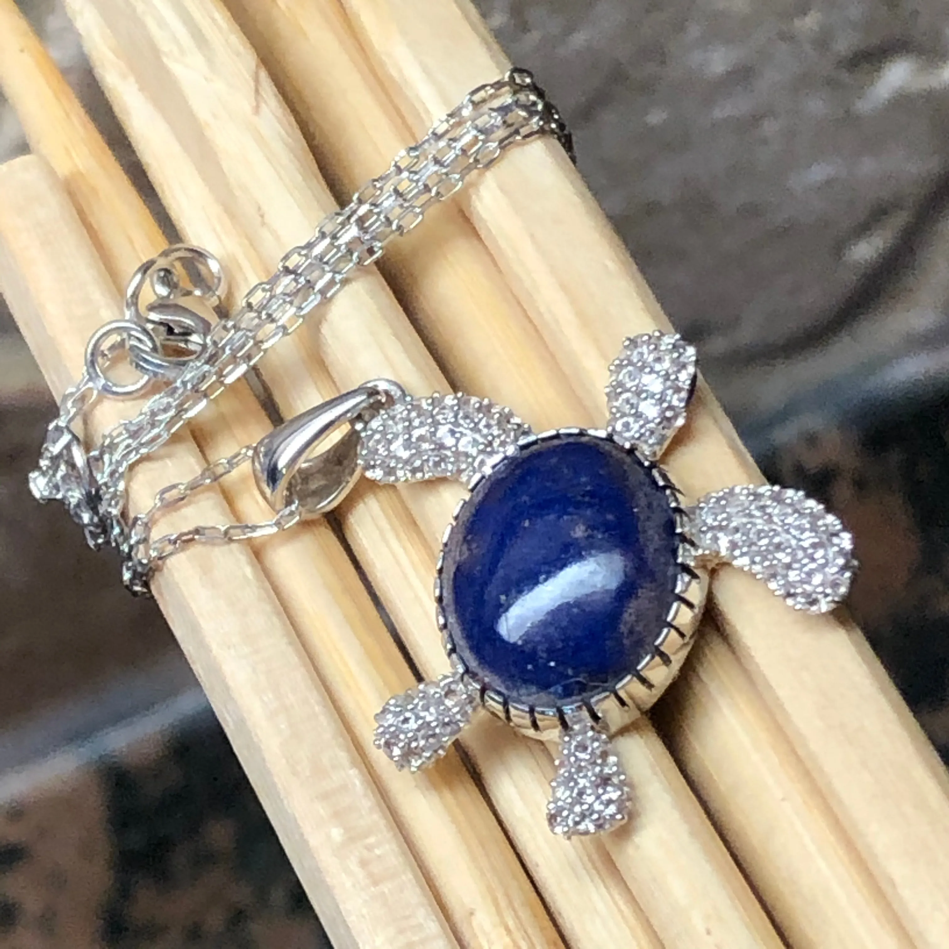 Natural Blue Lapis Lazuli 925 Solid Sterling Silver Turtle Necklace 17"