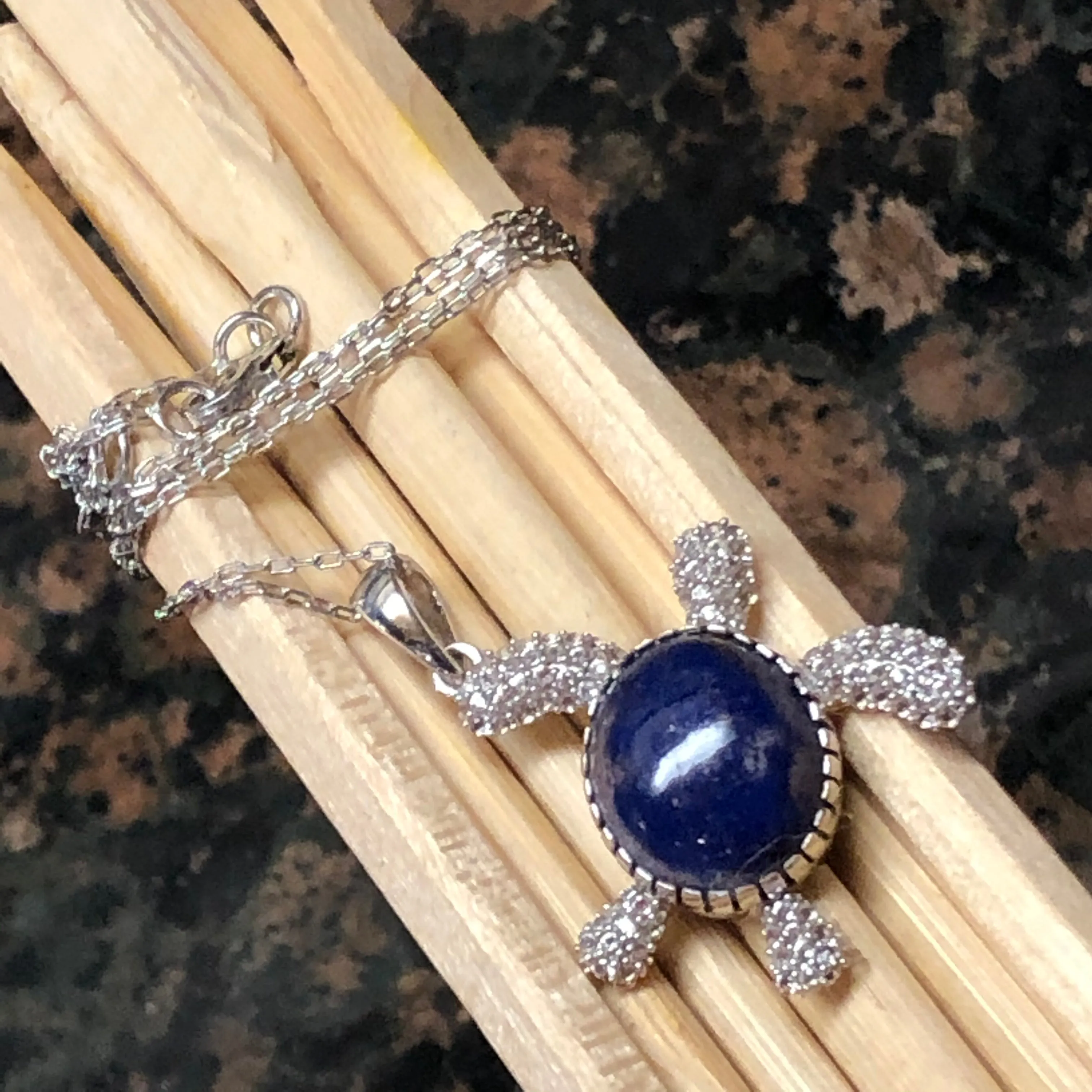 Natural Blue Lapis Lazuli 925 Solid Sterling Silver Turtle Necklace 17"