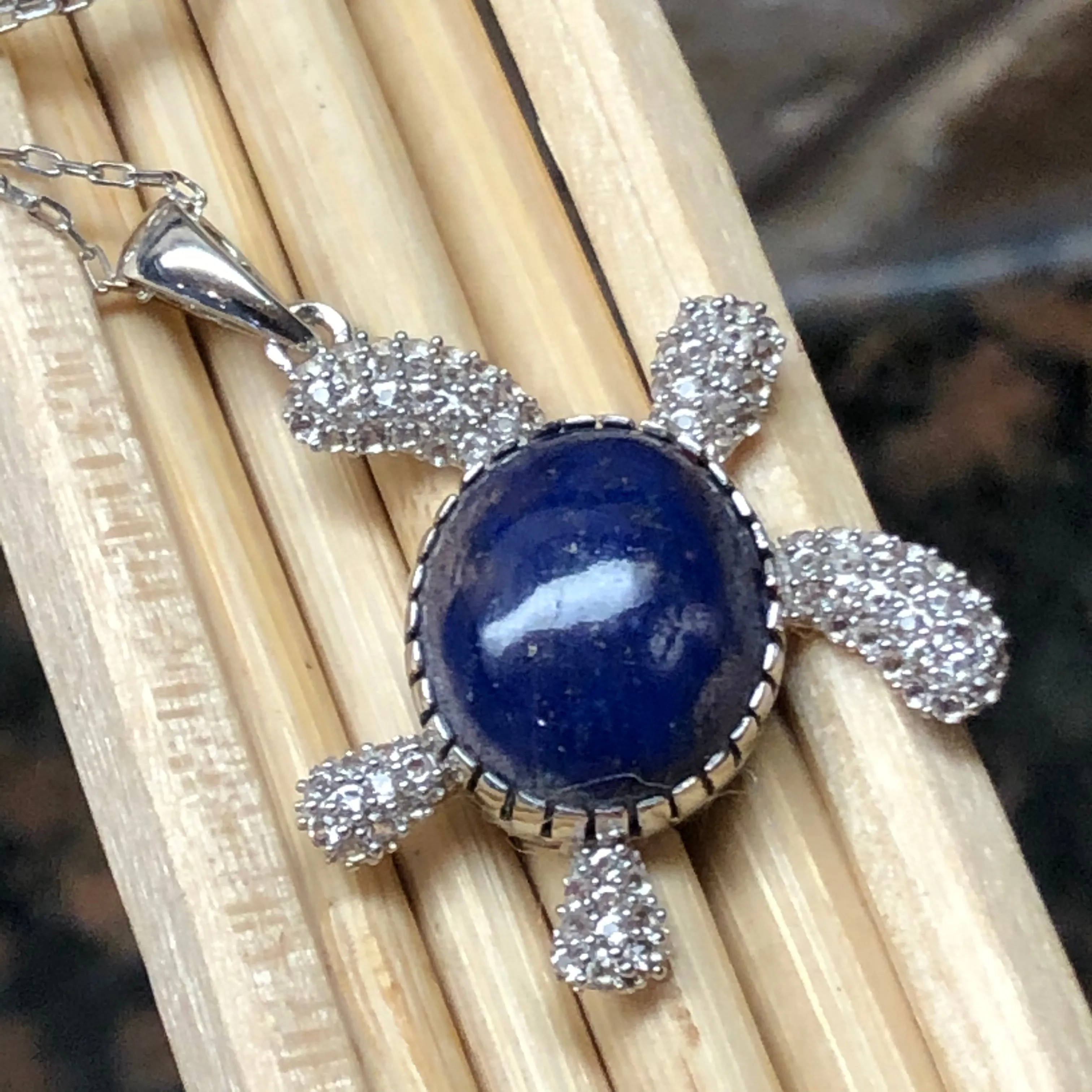 Natural Blue Lapis Lazuli 925 Solid Sterling Silver Turtle Necklace 17"