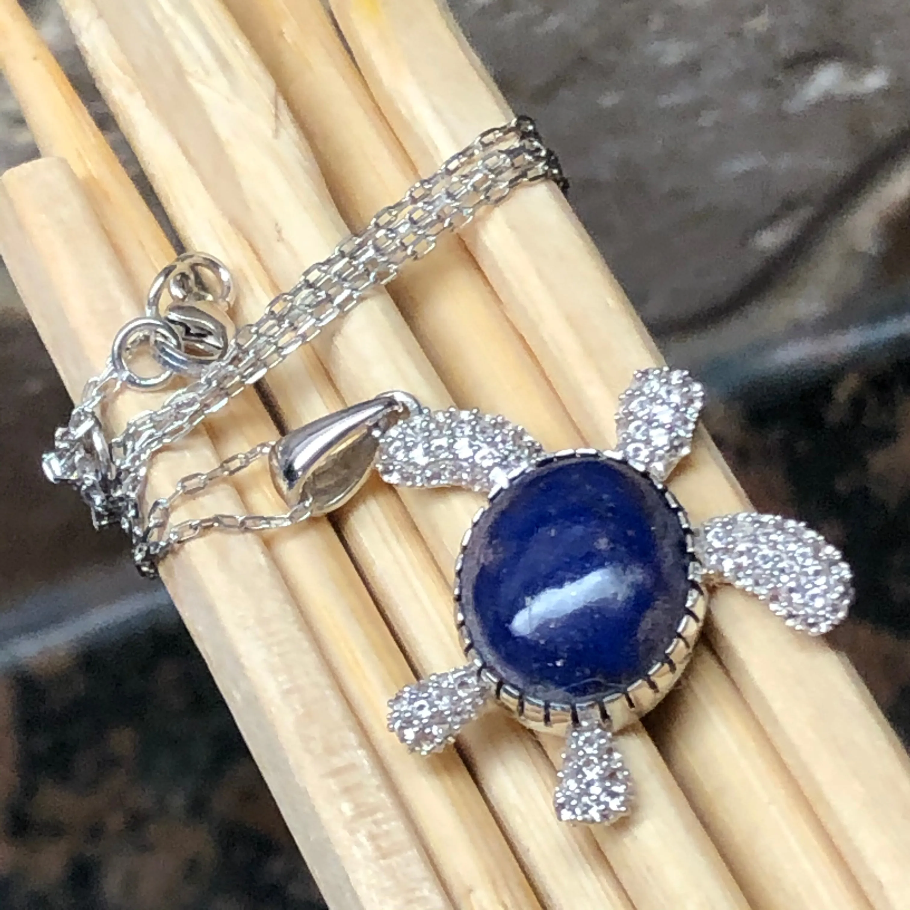 Natural Blue Lapis Lazuli 925 Solid Sterling Silver Turtle Necklace 17"