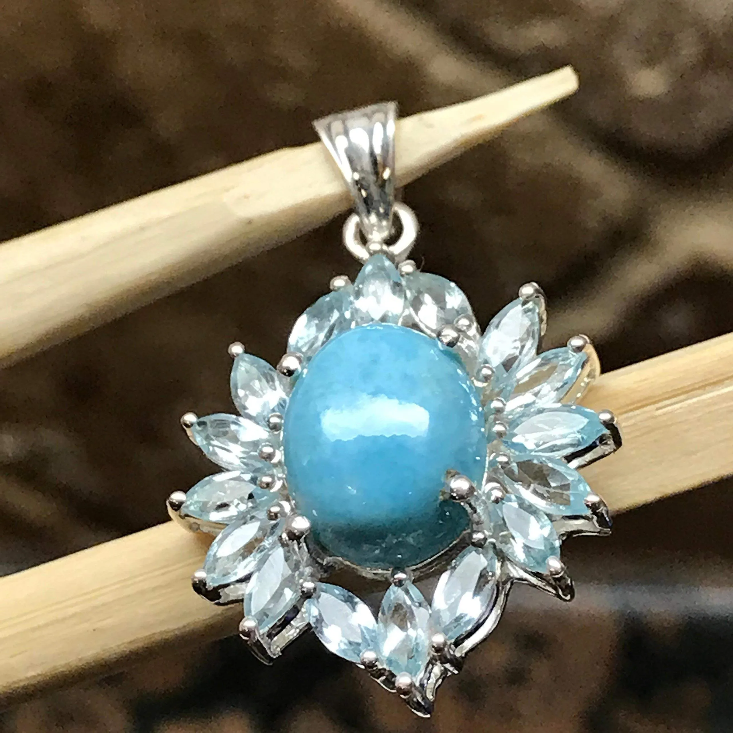 Natural Dominican Larimar 8ct Blue Topaz 925 Solid Sterling Silver Pendant 32mm