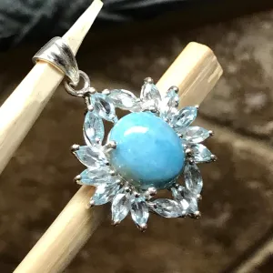 Natural Dominican Larimar 8ct Blue Topaz 925 Solid Sterling Silver Pendant 32mm