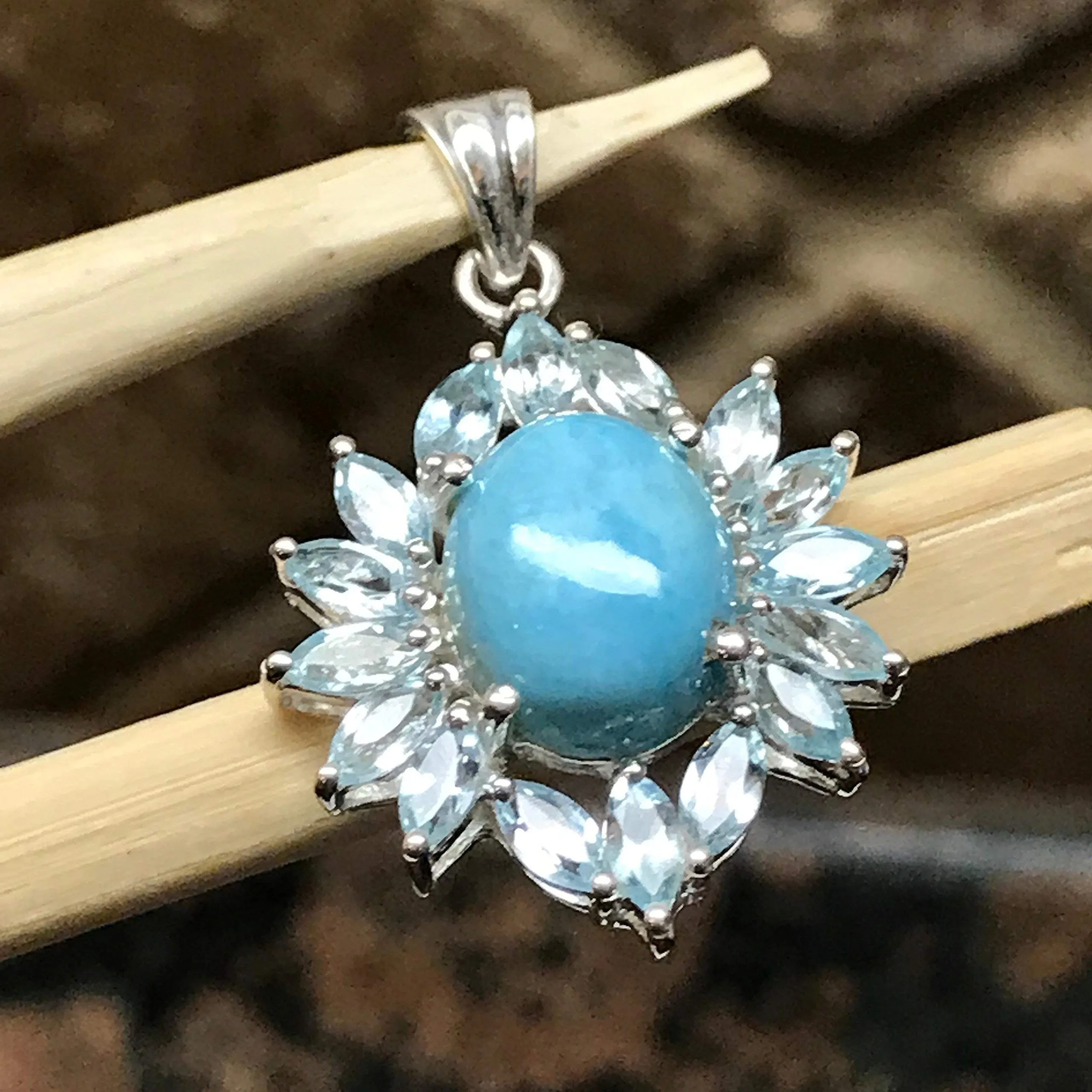 Natural Dominican Larimar 8ct Blue Topaz 925 Solid Sterling Silver Pendant 32mm