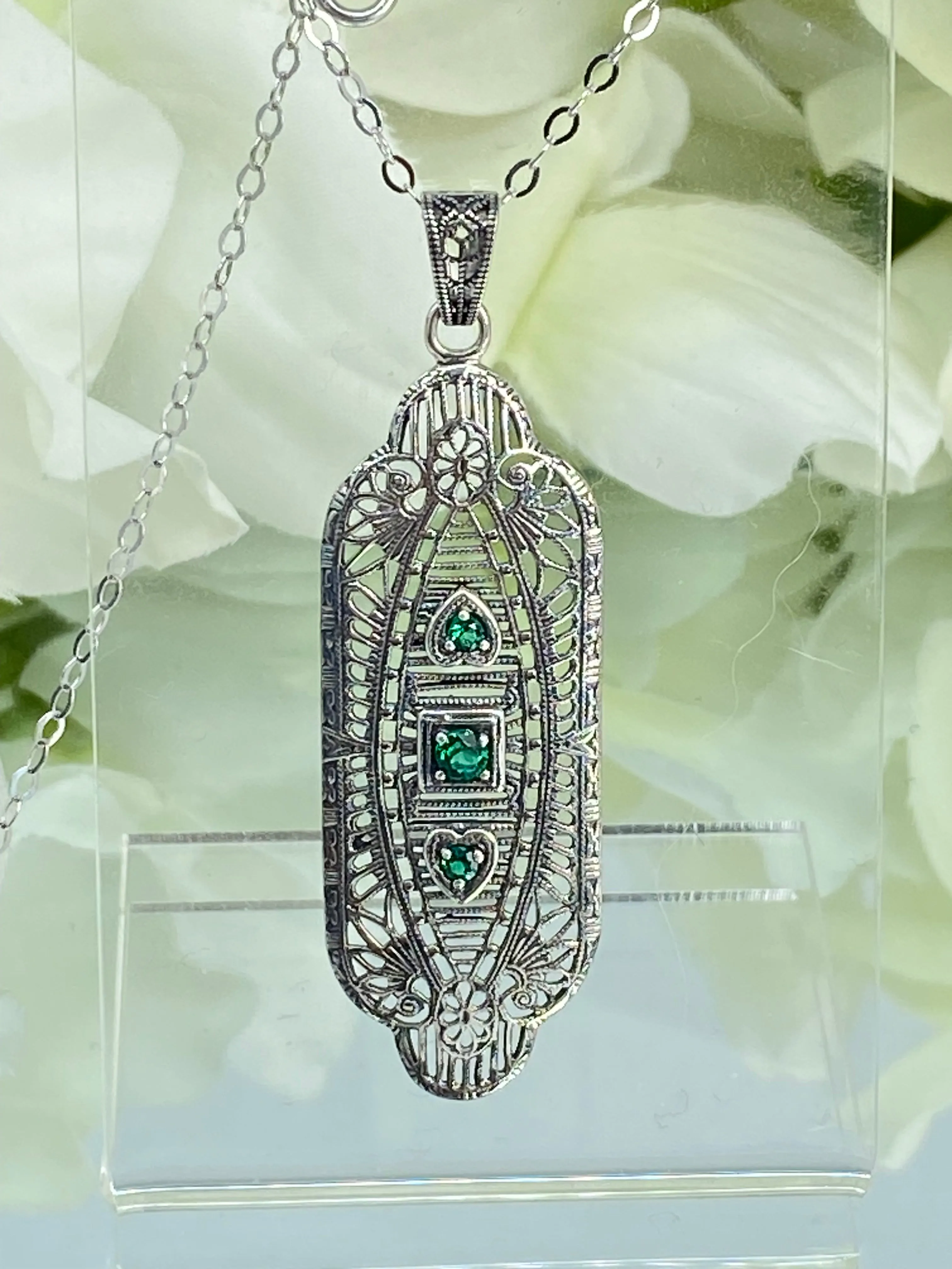 Natural Emerald Angel Wing Pendant Necklace, Vintage Revival Jewelry #P359 - Ready to Ship