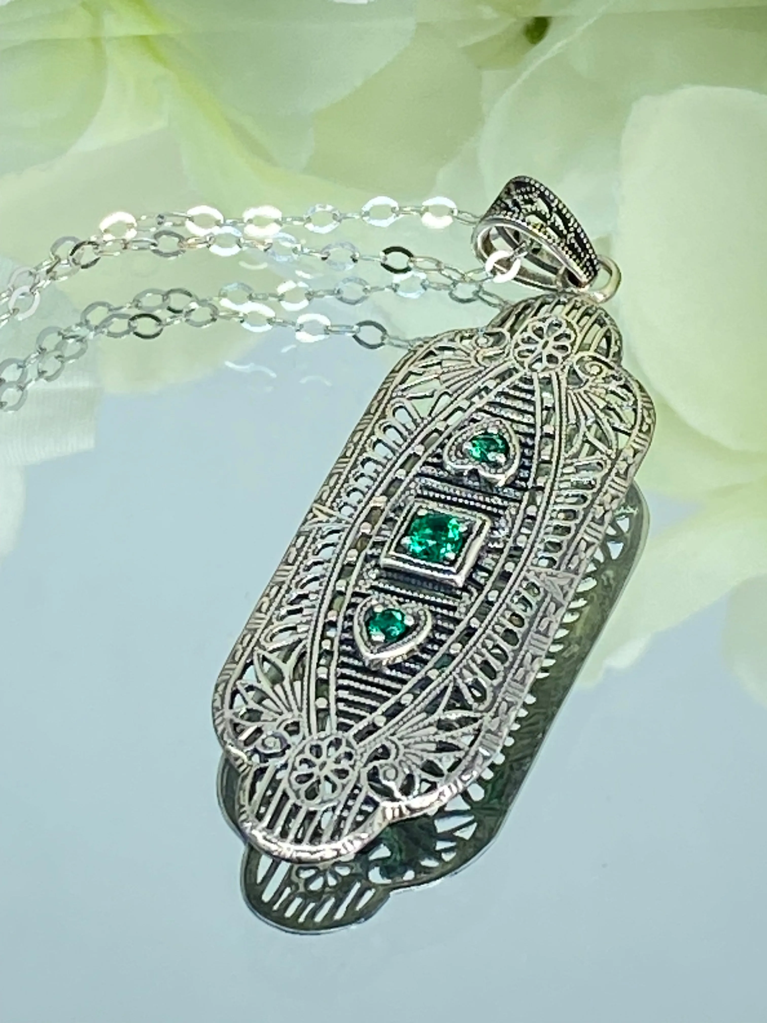 Natural Emerald Angel Wing Pendant Necklace, Vintage Revival Jewelry #P359 - Ready to Ship