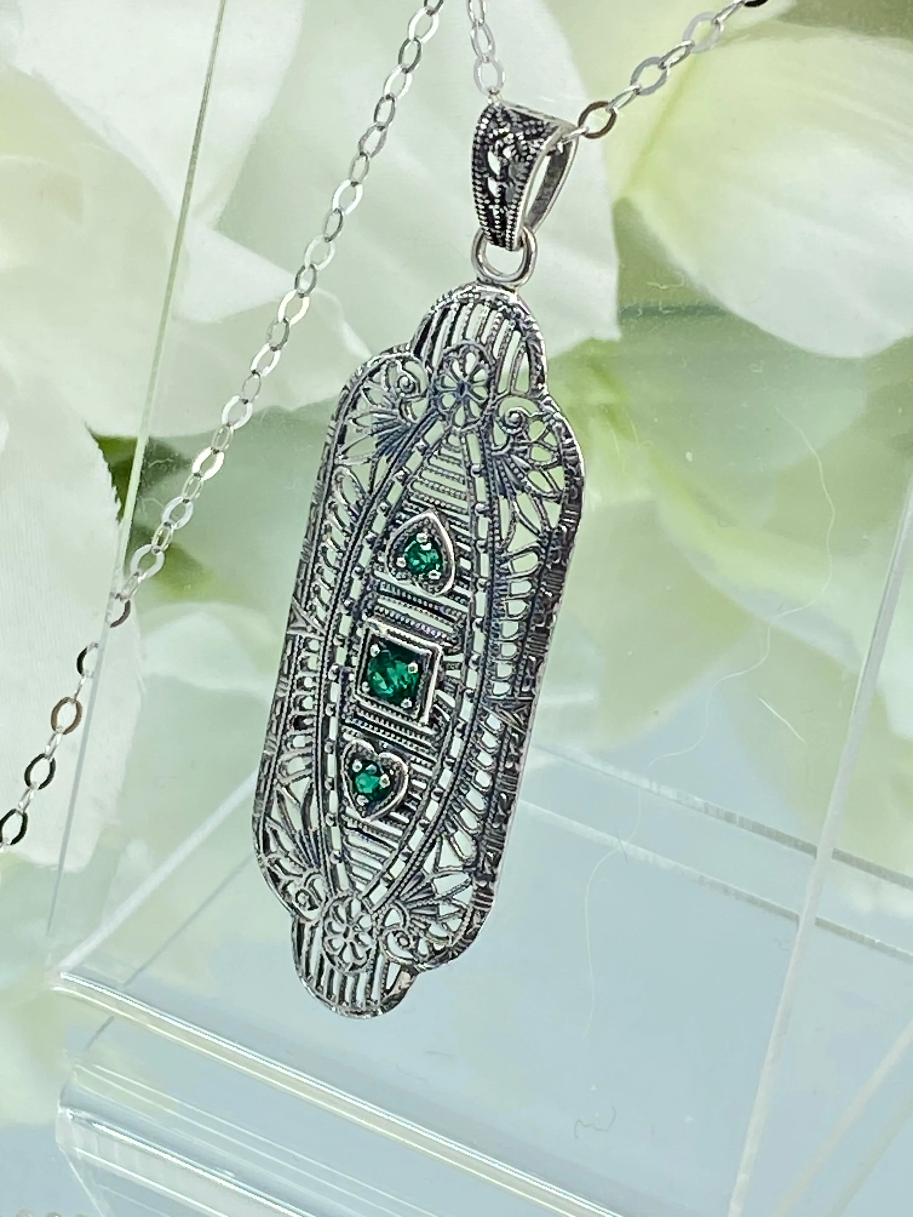 Natural Emerald Angel Wing Pendant Necklace, Vintage Revival Jewelry #P359 - Ready to Ship