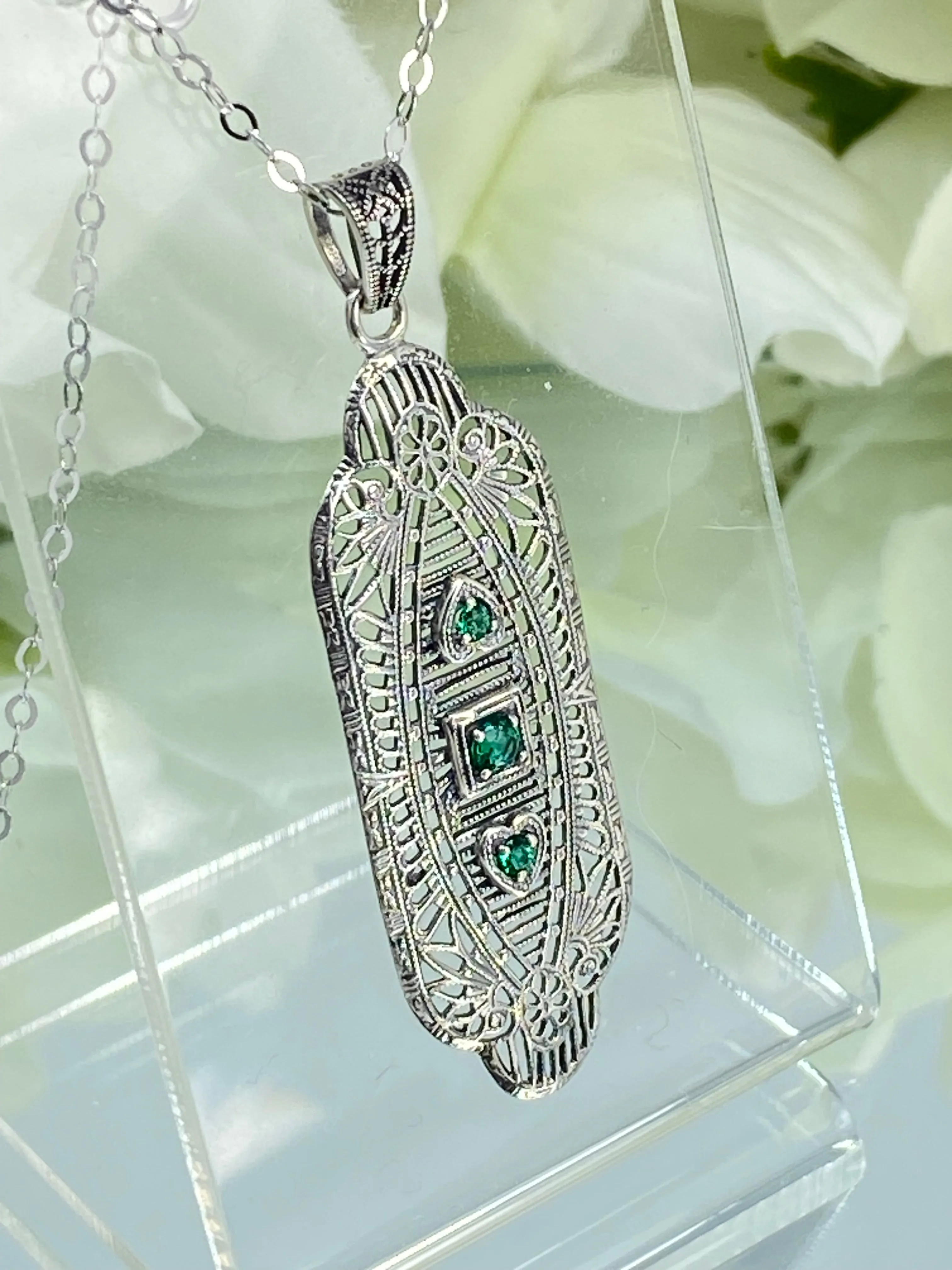 Natural Emerald Angel Wing Pendant Necklace, Vintage Revival Jewelry #P359 - Ready to Ship
