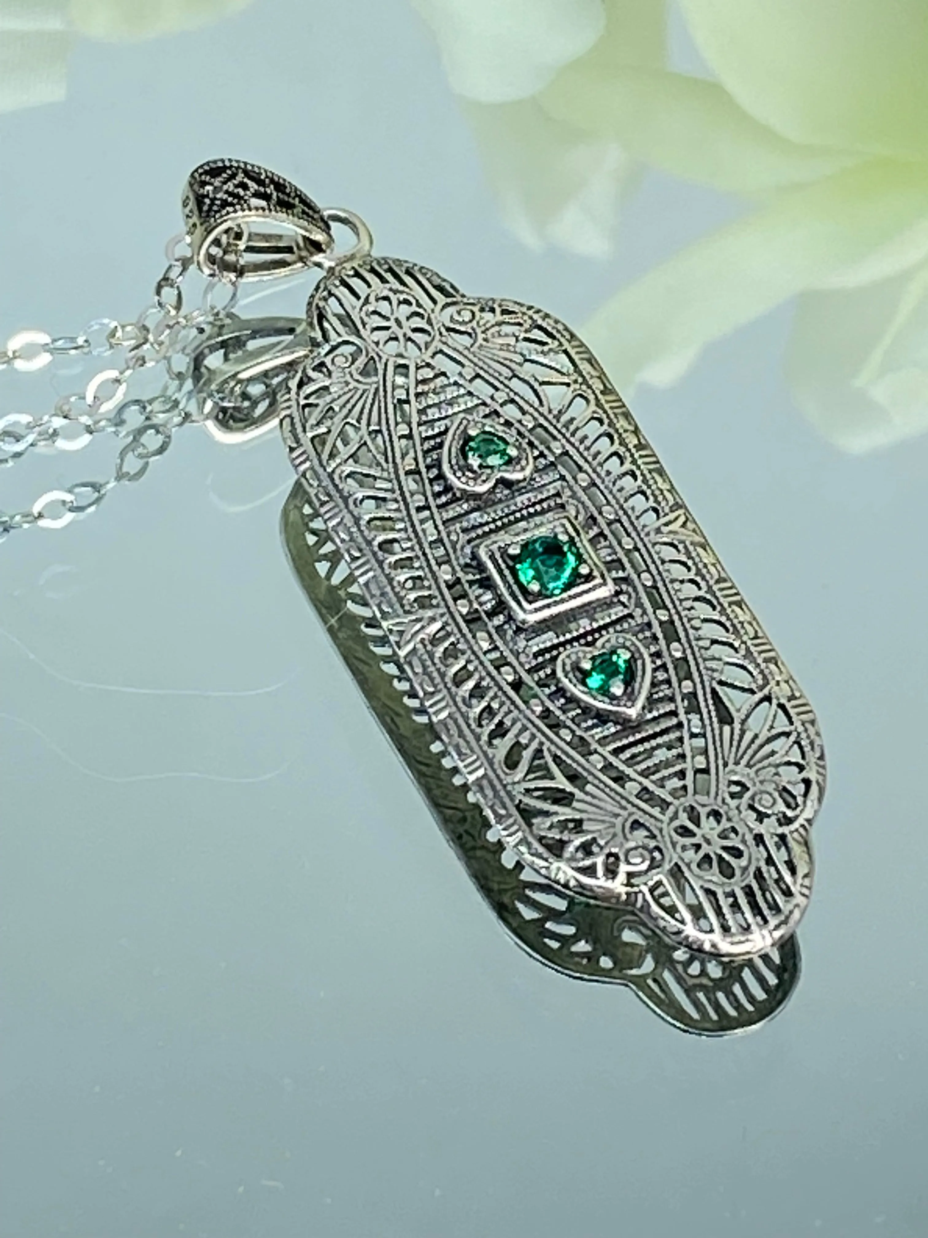 Natural Emerald Angel Wing Pendant Necklace, Vintage Revival Jewelry #P359 - Ready to Ship