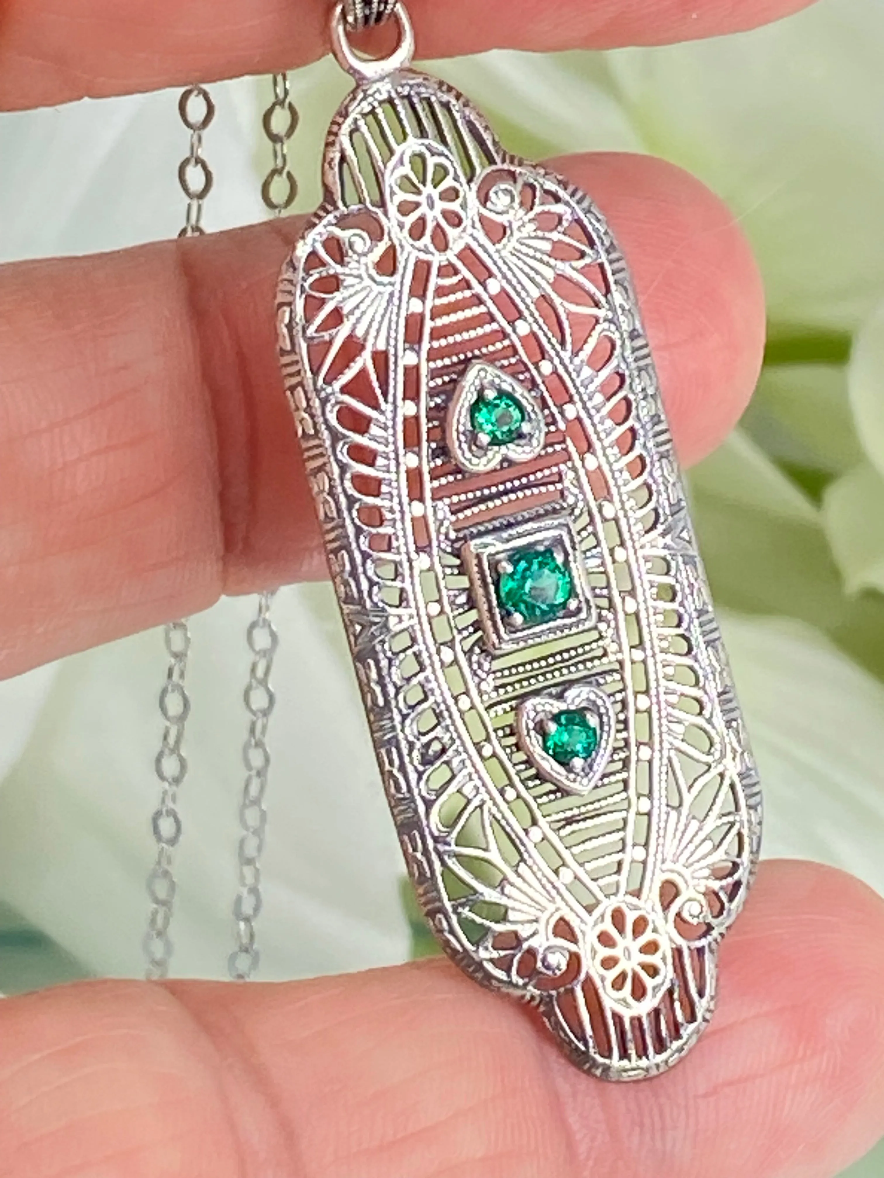 Natural Emerald Angel Wing Pendant Necklace, Vintage Revival Jewelry #P359 - Ready to Ship