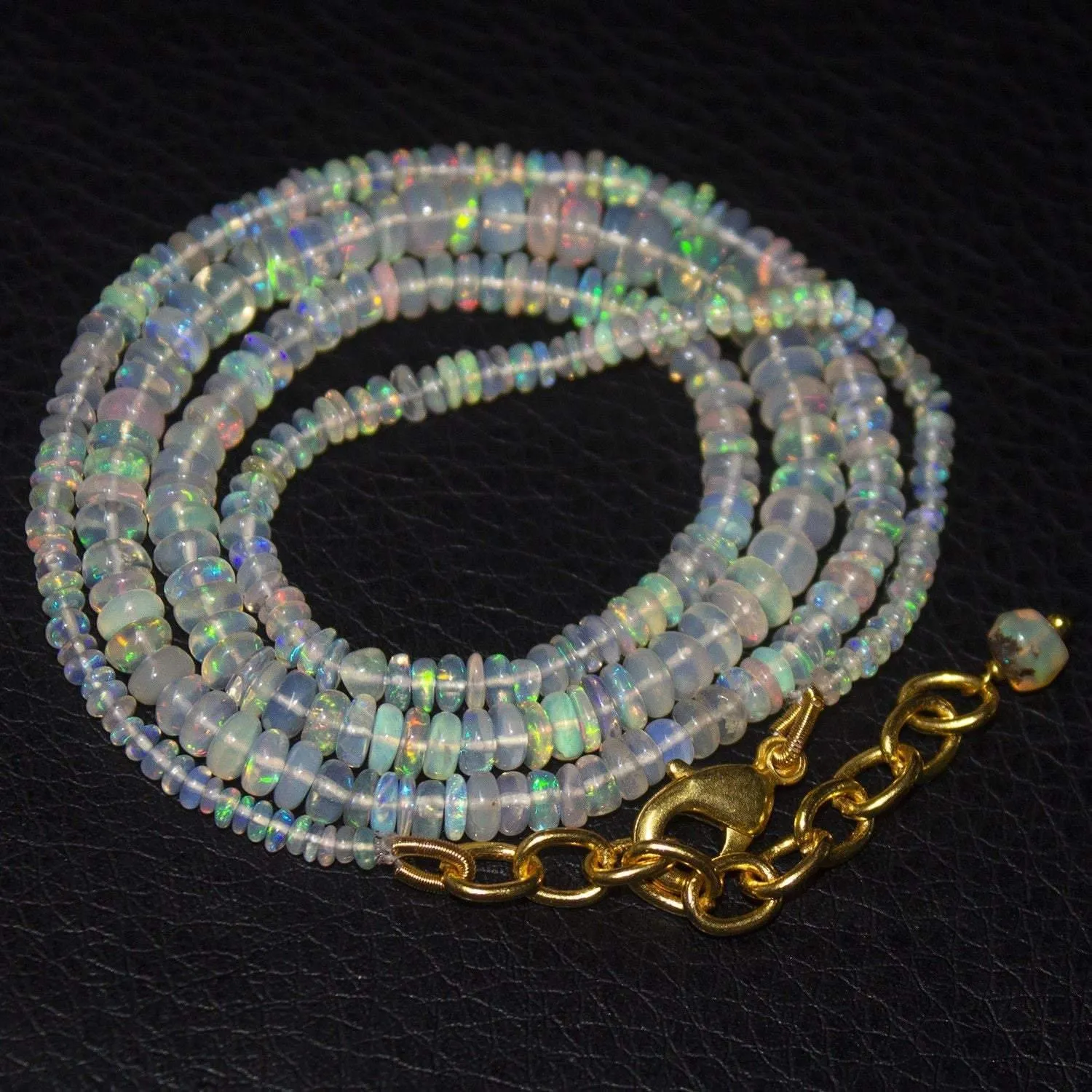 Natural Ethiopian Welo Opal Gold Plated Smooth Rondelle Necklace 2mm 5mm 20"