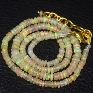 Natural Ethiopian Welo Opal Gold Plated Smooth Rondelle Necklace 5mm 3mm 16.5"