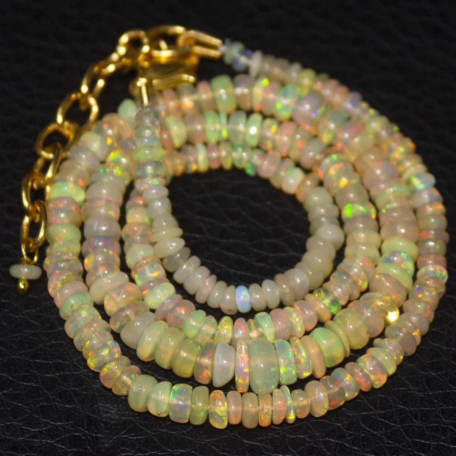 Natural Ethiopian Welo Opal Gold Plated Smooth Rondelle Necklace 5mm 3mm 16.5"