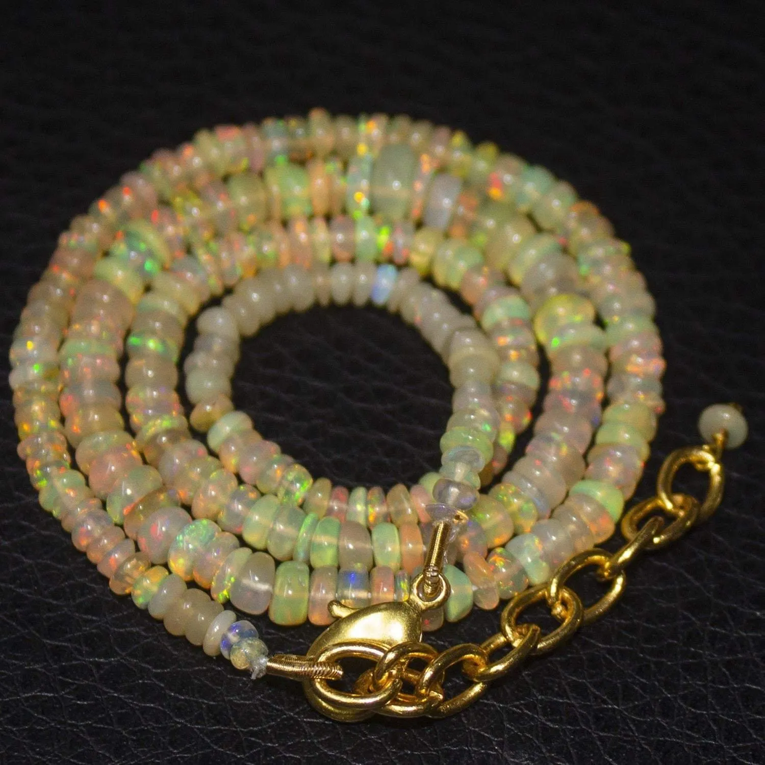 Natural Ethiopian Welo Opal Gold Plated Smooth Rondelle Necklace 5mm 3mm 16.5"