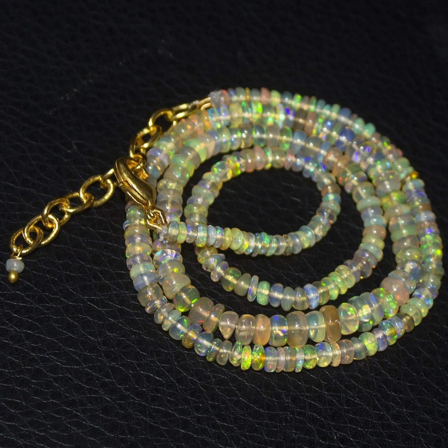 Natural Ethiopian Welo Opal Gold Plated Smooth Rondelle Necklace 5mm 3mm 19"