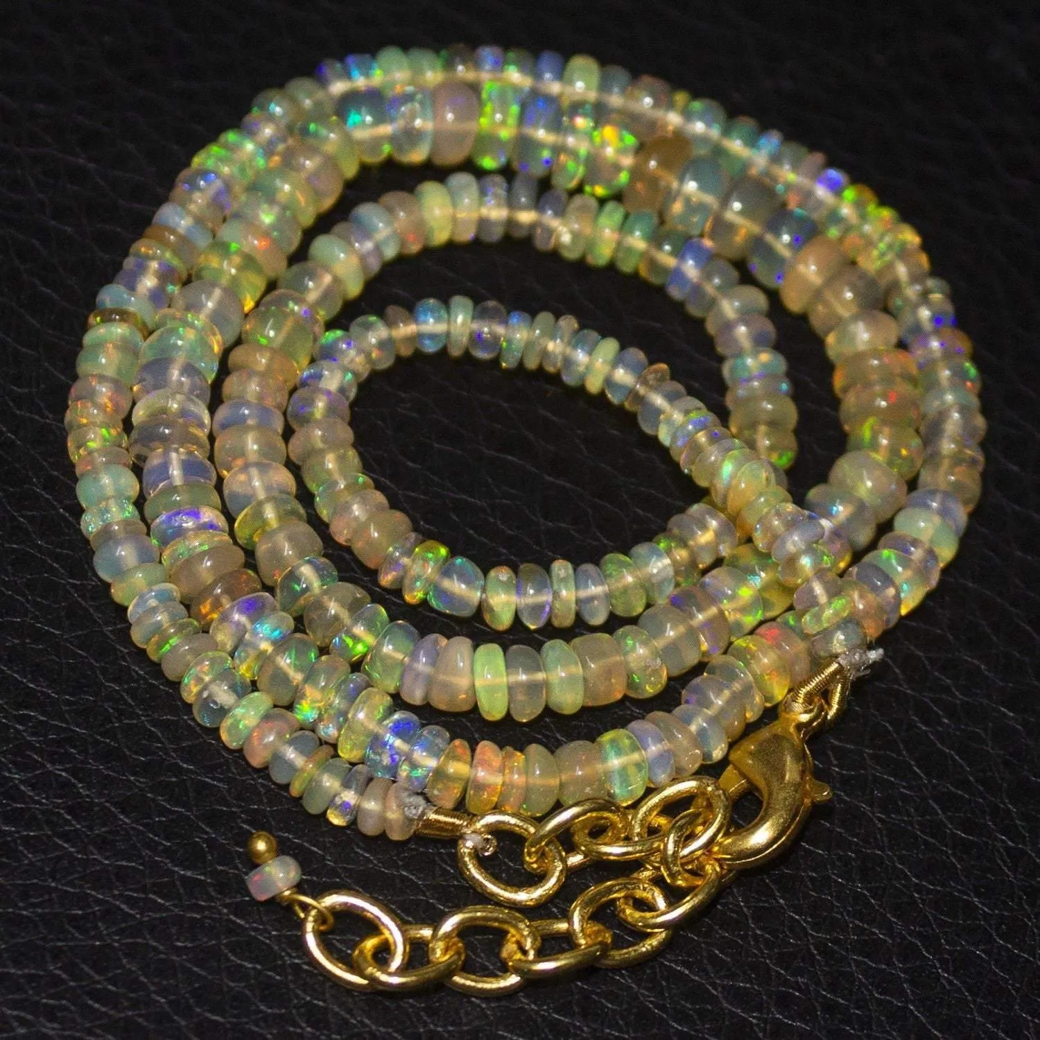 Natural Ethiopian Welo Opal Gold Plated Smooth Rondelle Necklace 5mm 3mm 19"