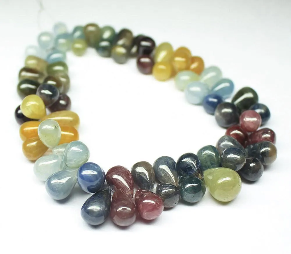 Natural Multi Sapphire Smooth Tear Drop Beads Briolette Strand 10mm 15mm 9"