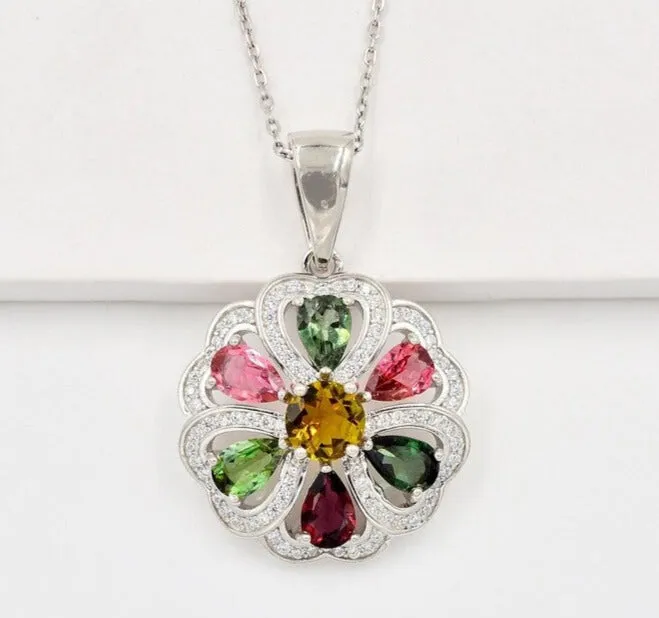 Natural Multi Tourmaline Gemstone Pendant For Women Unique 925 Sterling Silver Floral Pendant