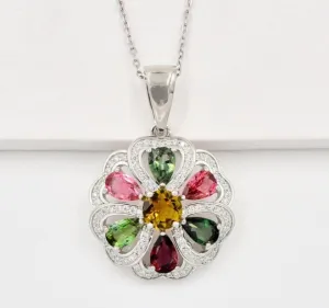 Natural Multi Tourmaline Gemstone Pendant For Women Unique 925 Sterling Silver Floral Pendant