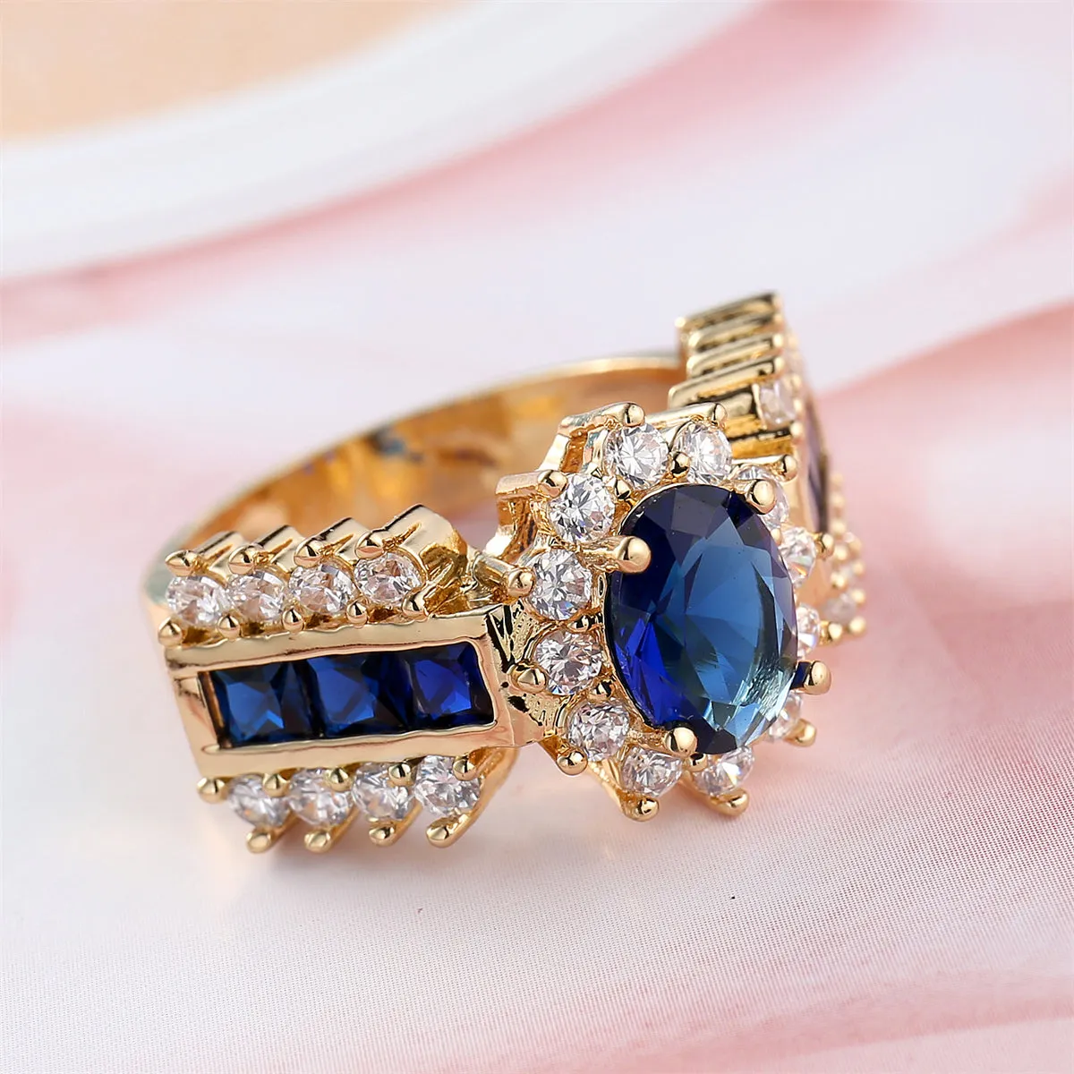 Navy Crystal & Cubic Zirconia 18K Gold-Plated Oval-Cut Ring