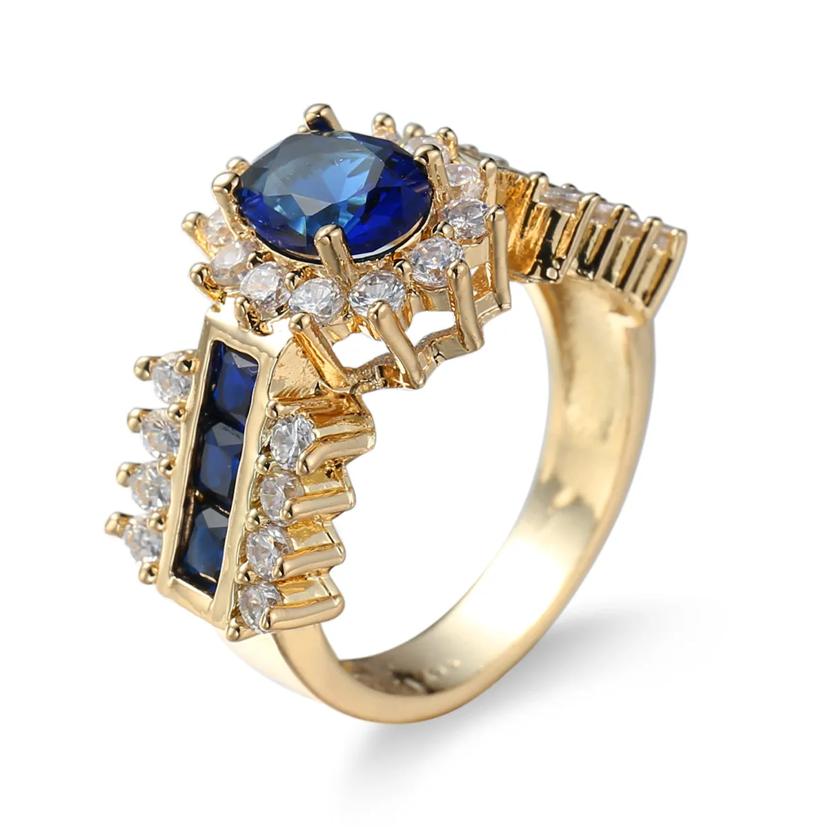 Navy Crystal & Cubic Zirconia 18K Gold-Plated Oval-Cut Ring