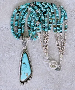 Nila Cook Johnson Kingman Turquoise and Sterling Silver Pendant with 4 Strands of Turquoise Rondelle Beads, Smoky Quartz Rounds, and Sterling Silver