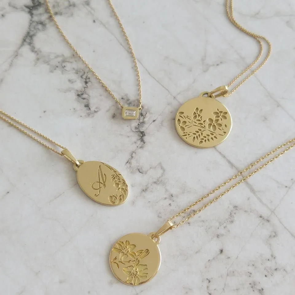 Orchids necklace, 14k gold orchid flower necklace, unique personalized pendant, floral engraving necklace