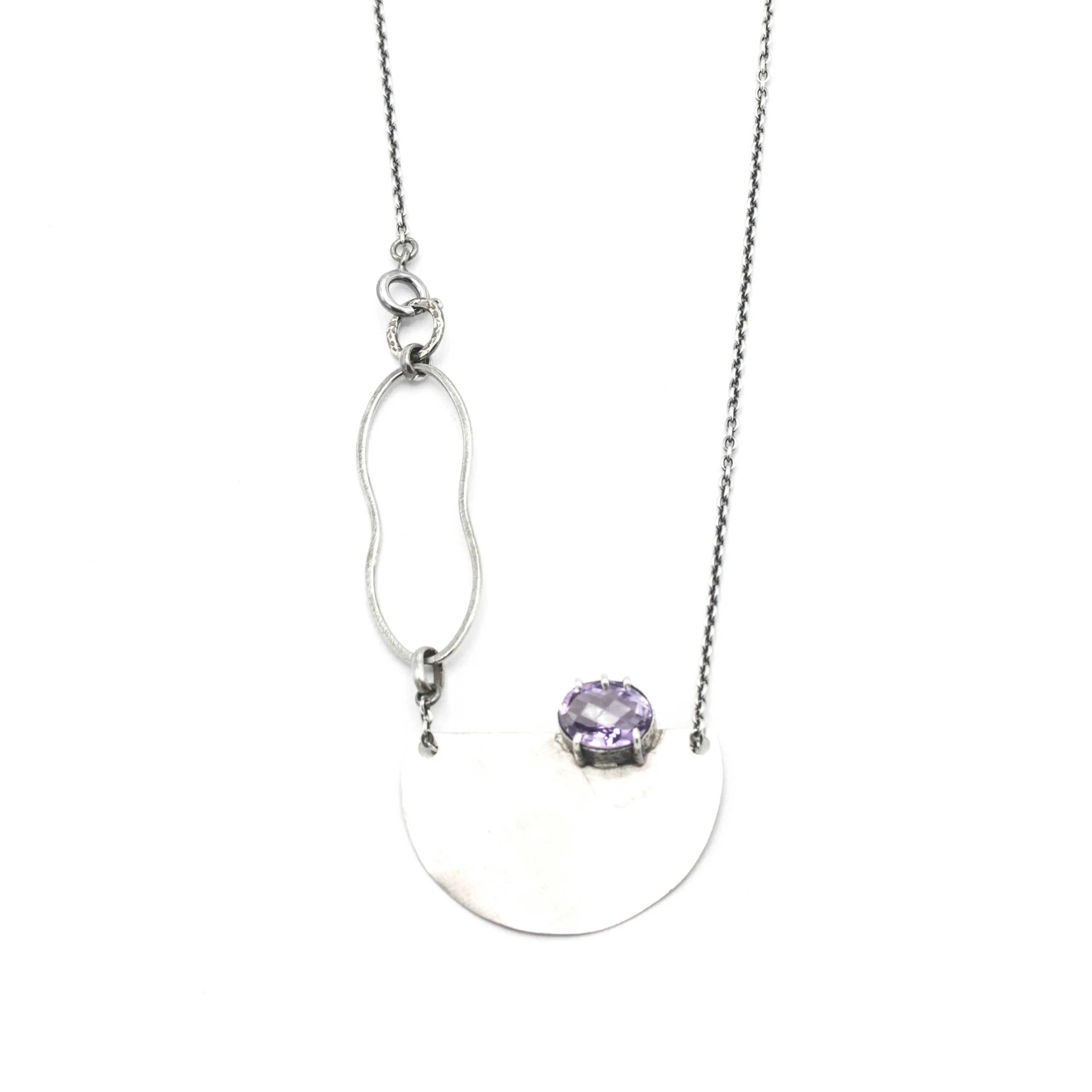 Oval Amethyst pendant necklace in silver bezel and prongs setting with silver semi-circle shape on sterling silver chain