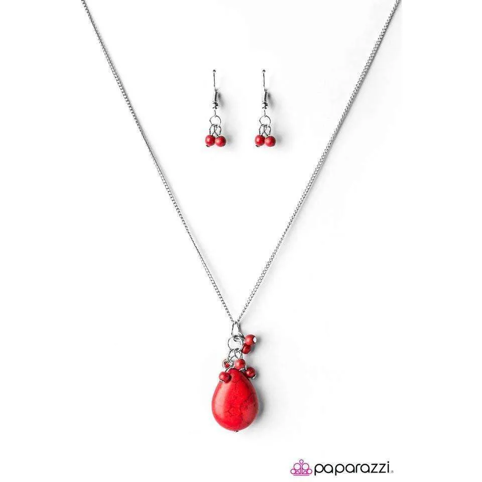 Paparazzi Here Comes The Rain Red Bead Long Necklace & Earring Set