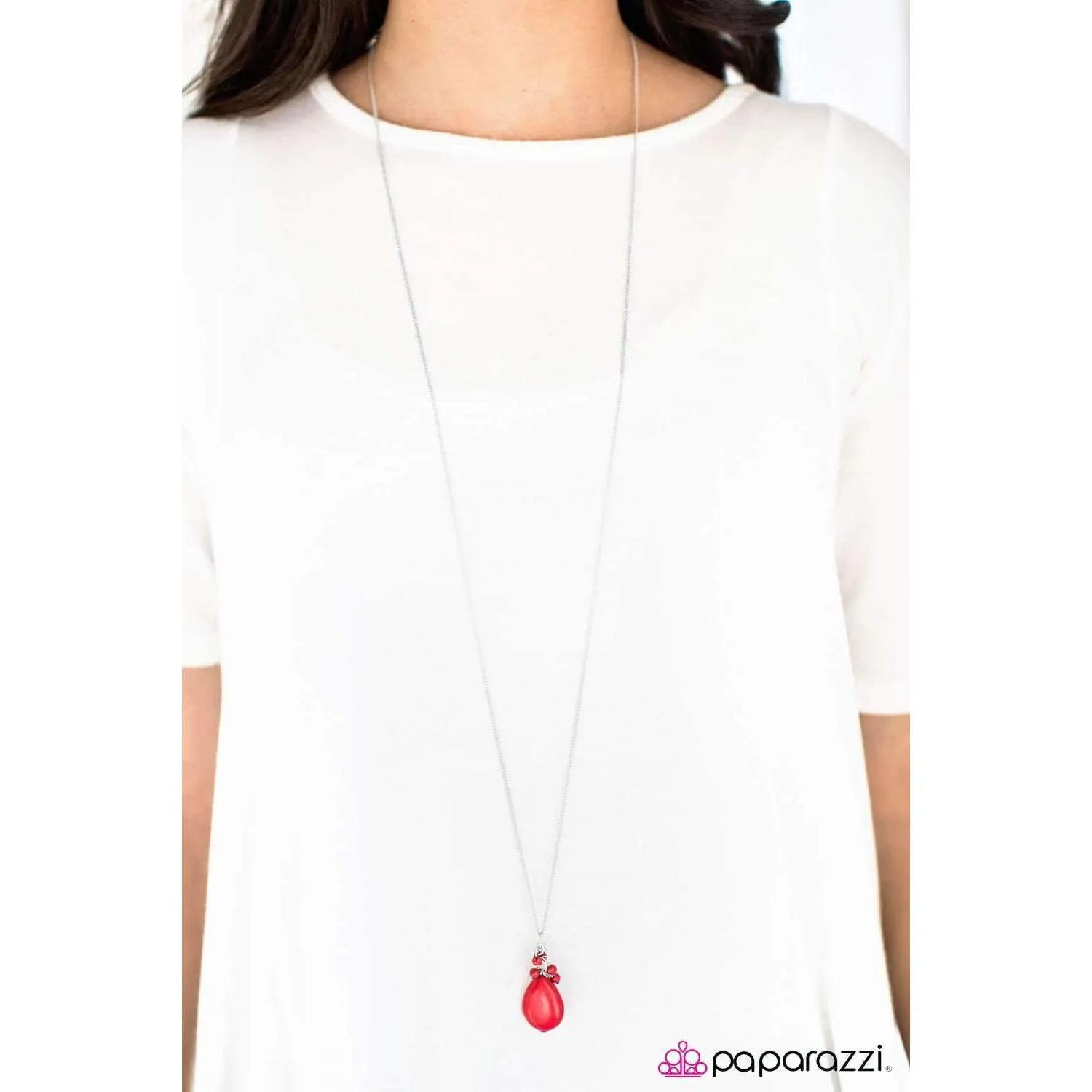 Paparazzi Here Comes The Rain Red Bead Long Necklace & Earring Set