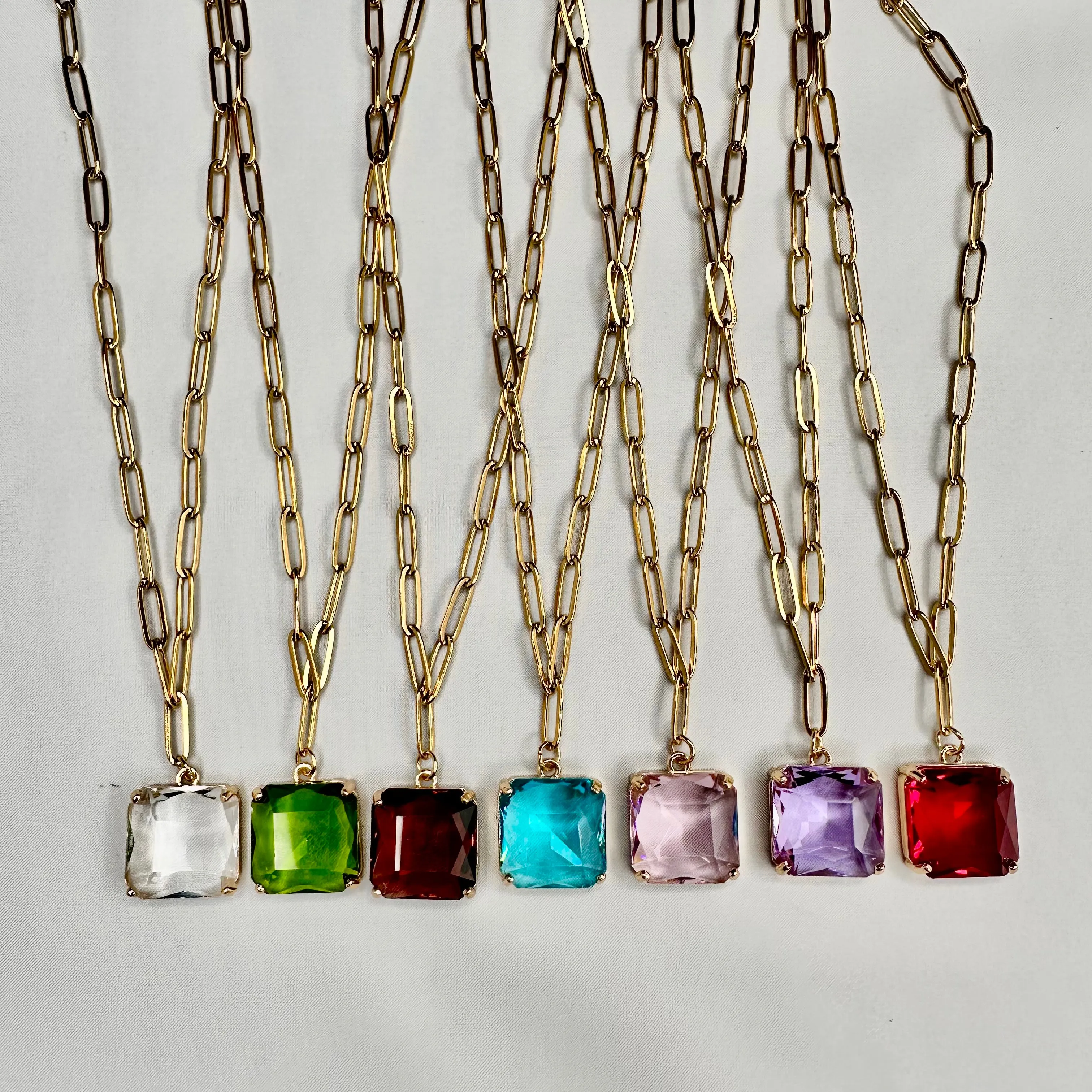 Paper Clip Chain Necklace with Cushion Crystal Pendant | Erika Williner Designs