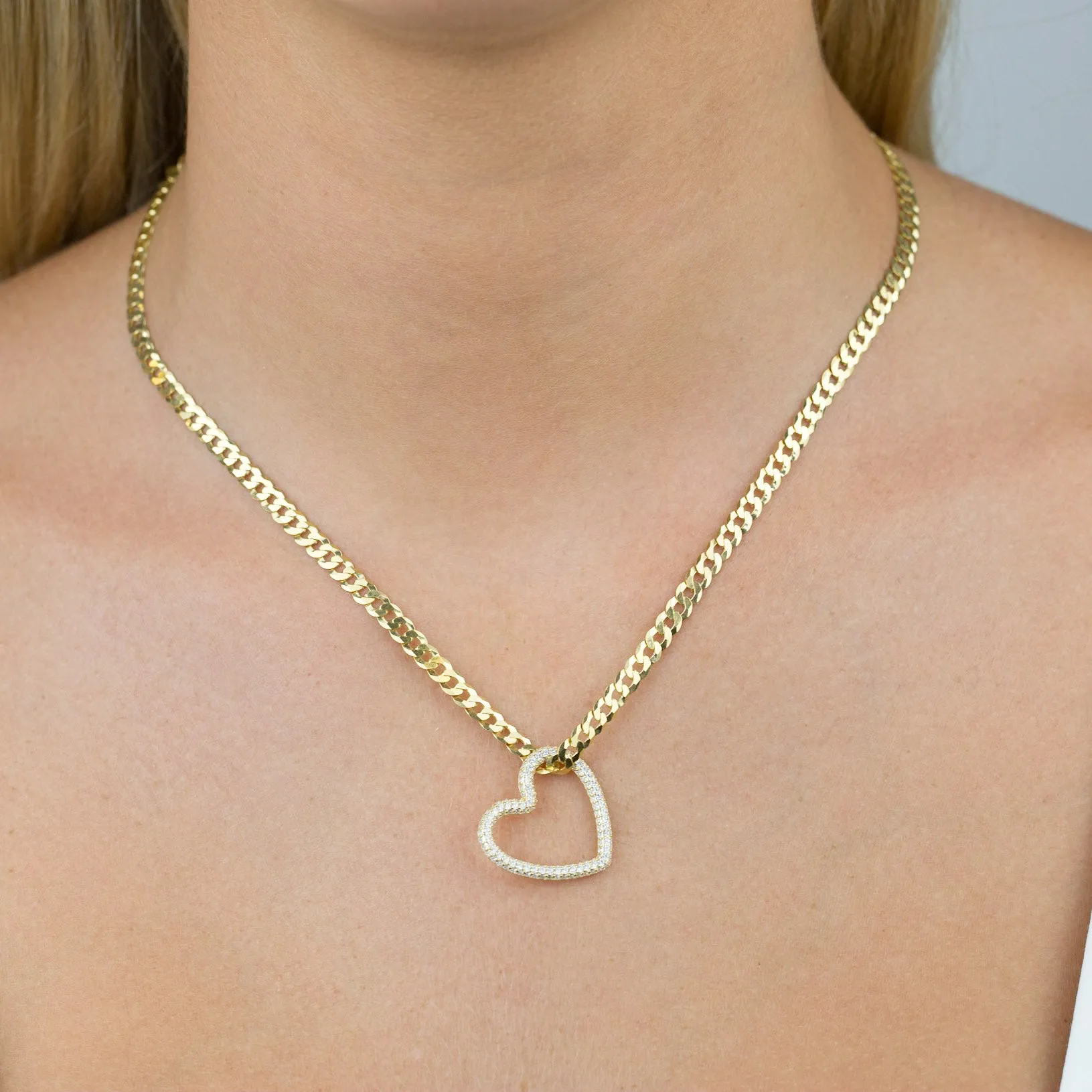 Pavé Heart Cuban Chain Necklace