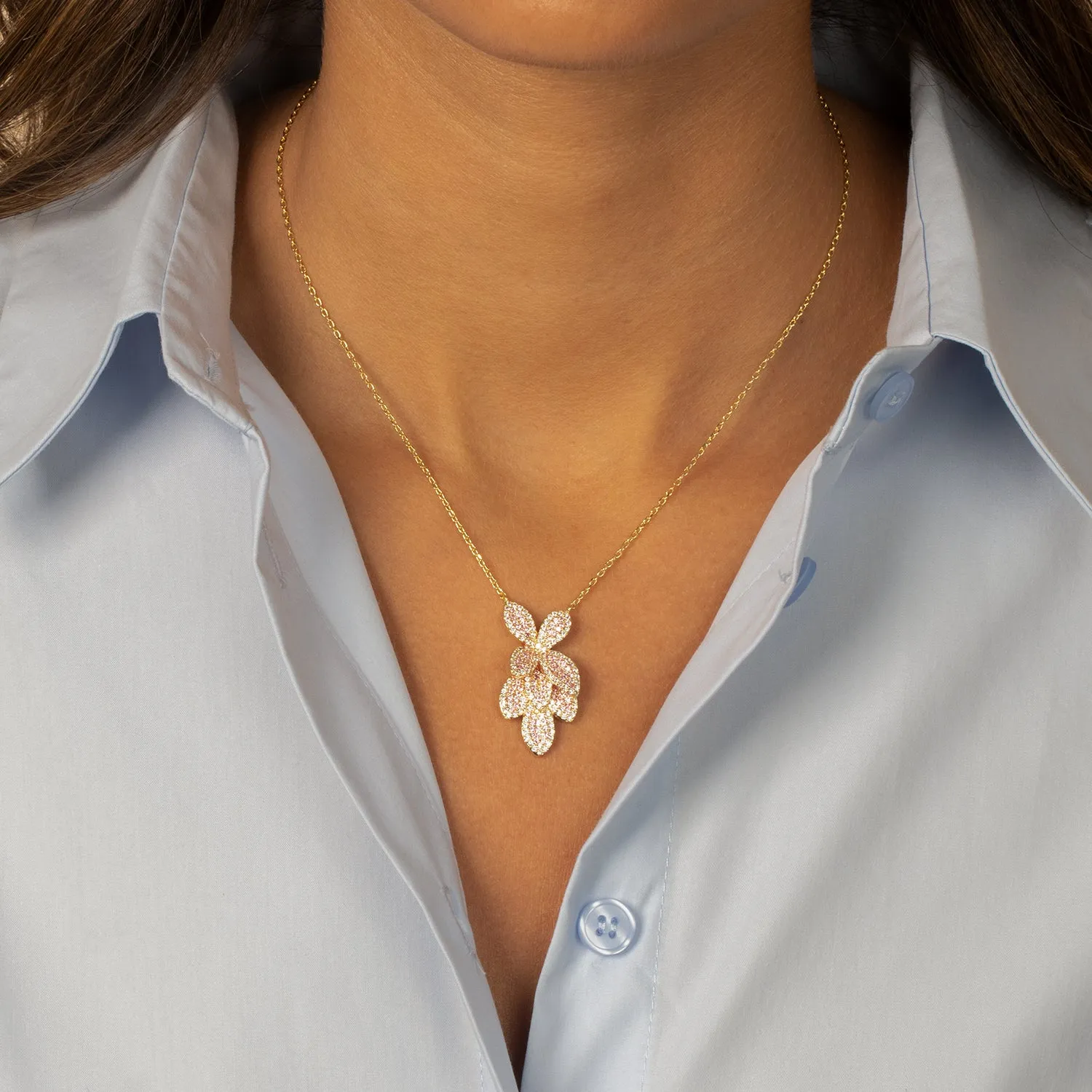 Pave Colored Shaker Flower Fancy Pendant Necklace