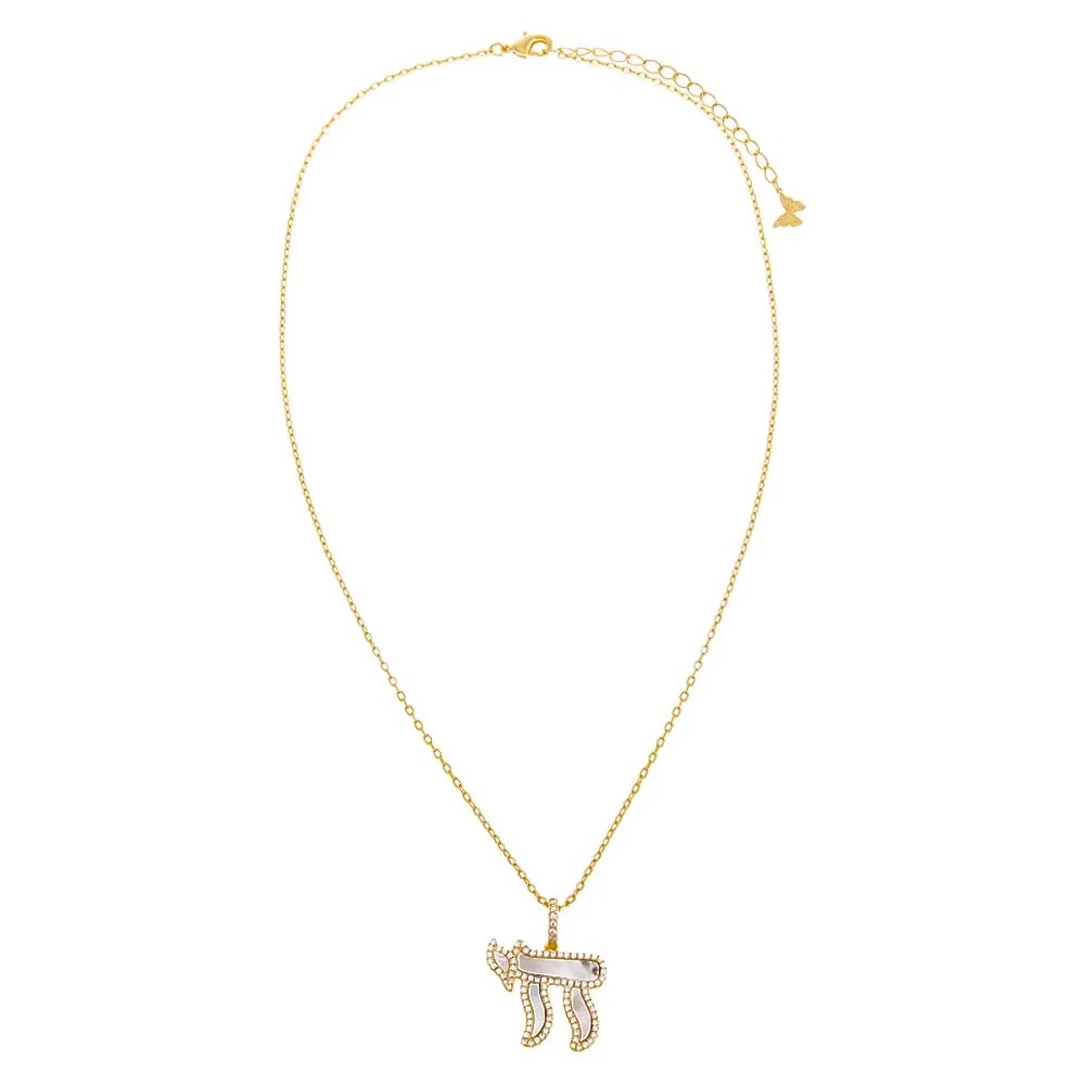 Pave Outlined Mother Of Pearl Chai Pendant Necklace