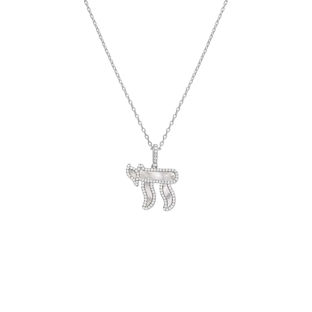 Pave Outlined Mother Of Pearl Chai Pendant Necklace
