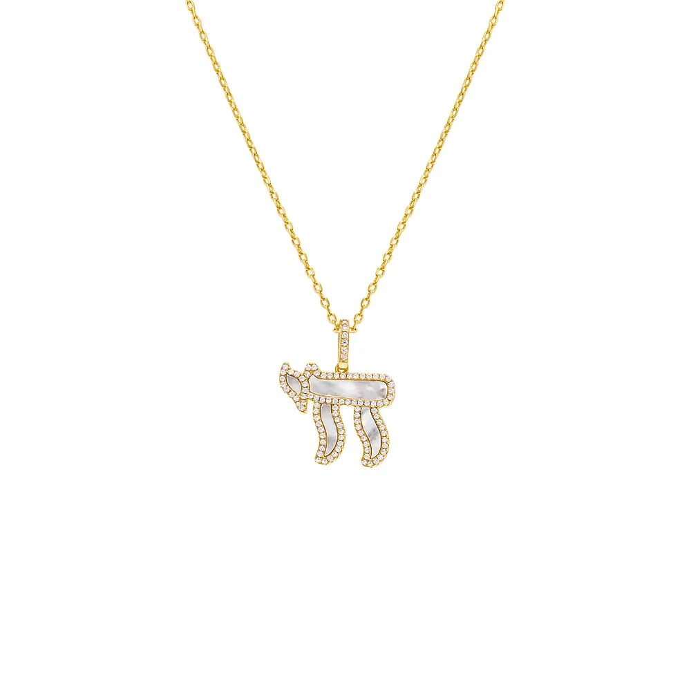 Pave Outlined Mother Of Pearl Chai Pendant Necklace