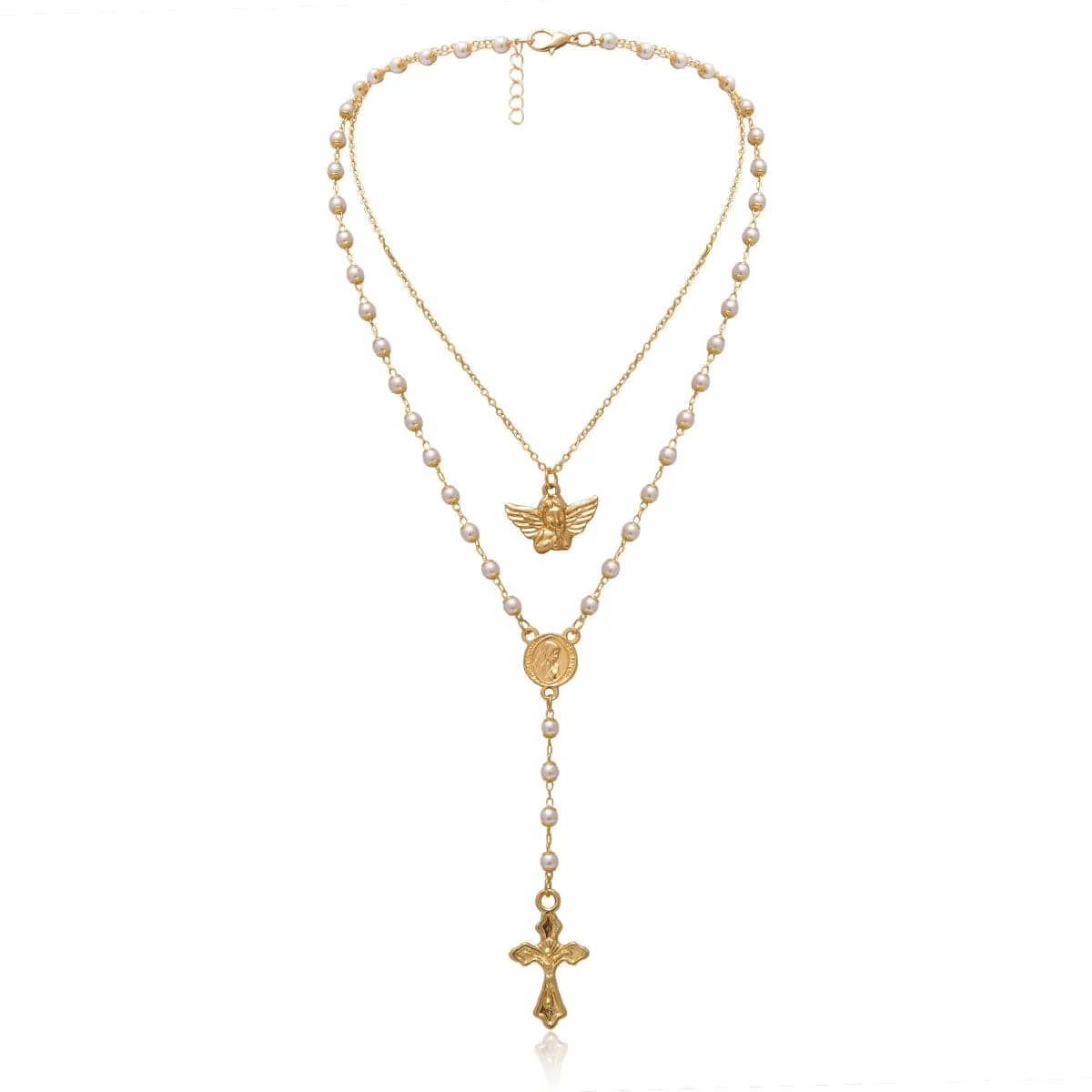 Pearl & 18K Gold-Plated Cross Layered Station Pendant Necklace