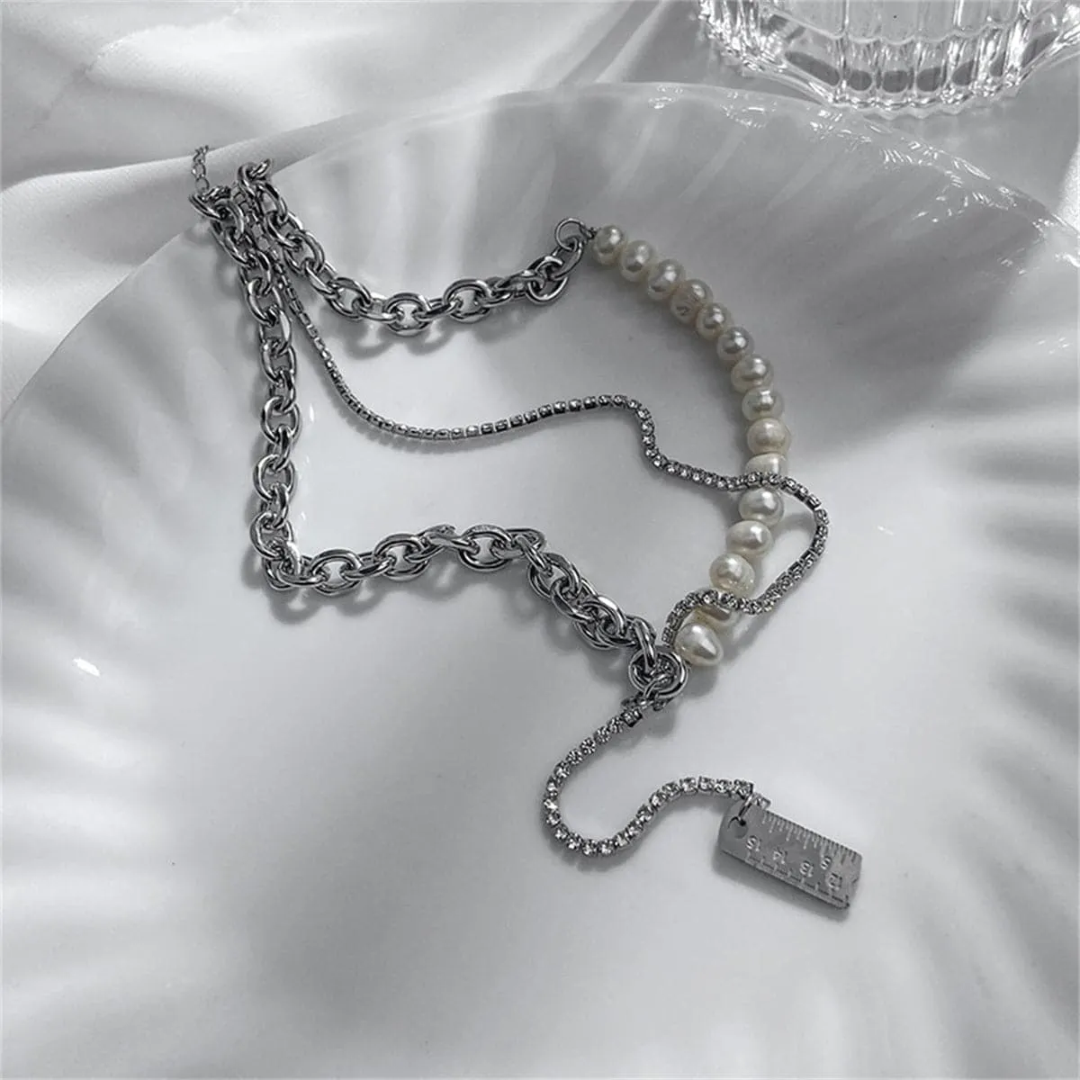 Pearl & Cubic Zirconia Ruler Drop Necklace
