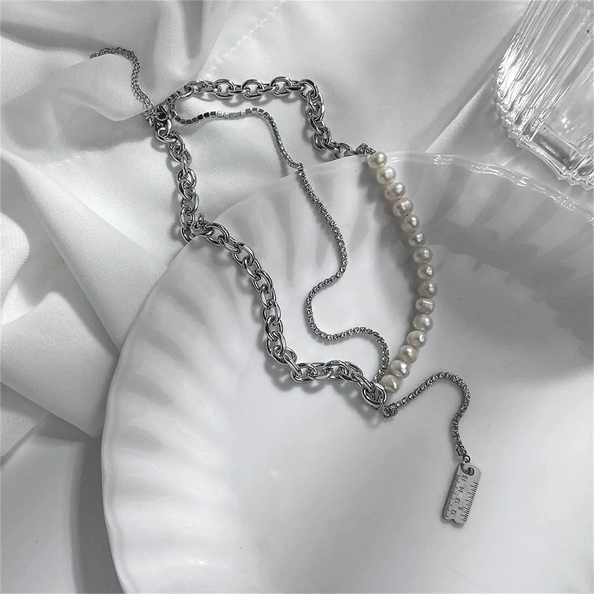 Pearl & Cubic Zirconia Ruler Drop Necklace