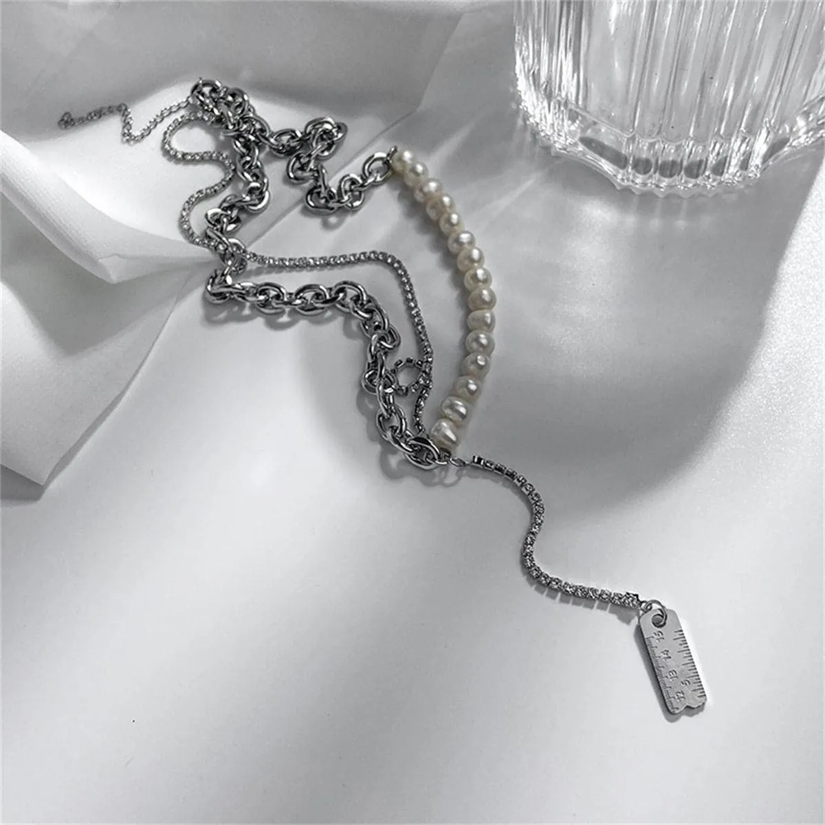 Pearl & Cubic Zirconia Ruler Drop Necklace
