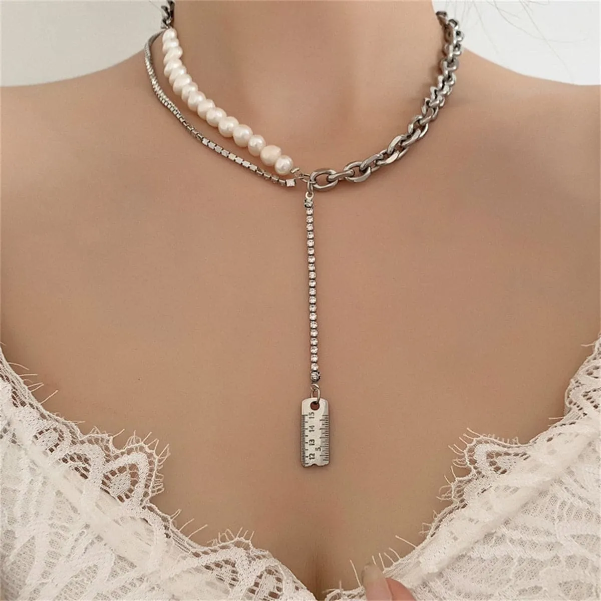 Pearl & Cubic Zirconia Ruler Drop Necklace