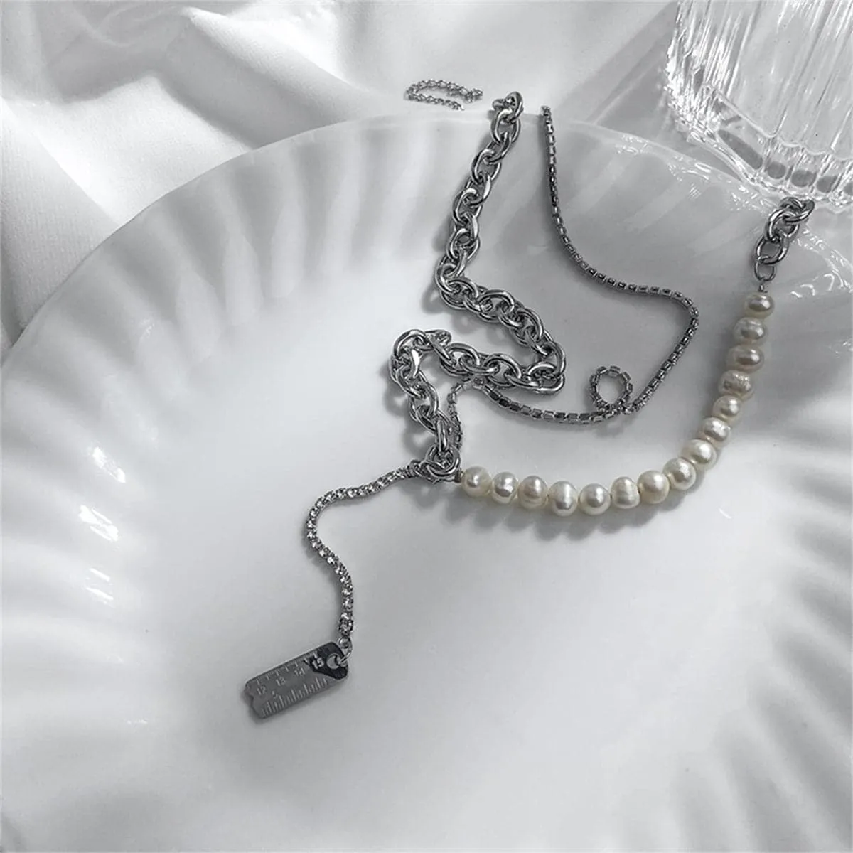 Pearl & Cubic Zirconia Ruler Drop Necklace