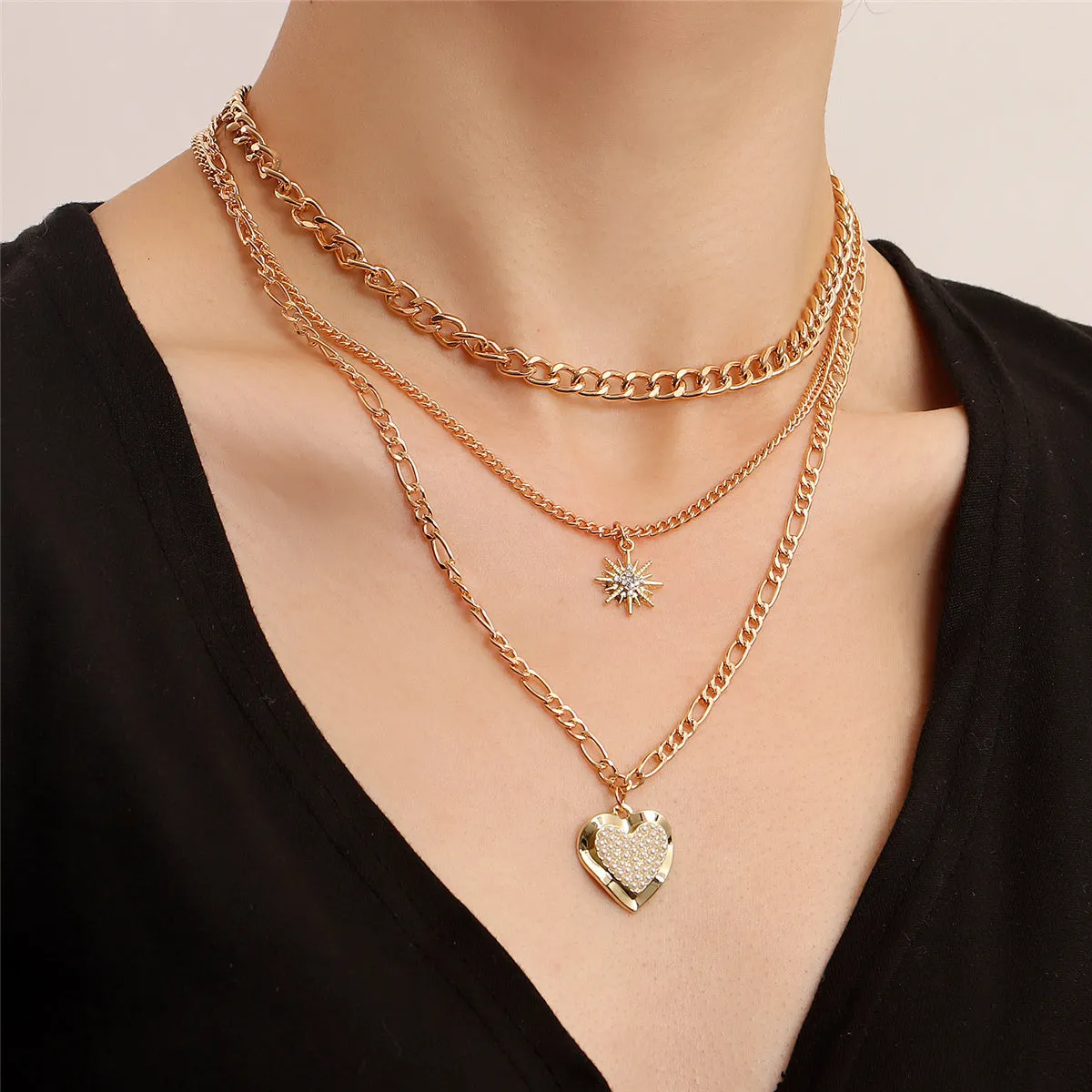 Pearl & Cubic Zirconia Star Heart Pendant Necklace - Set Of Three