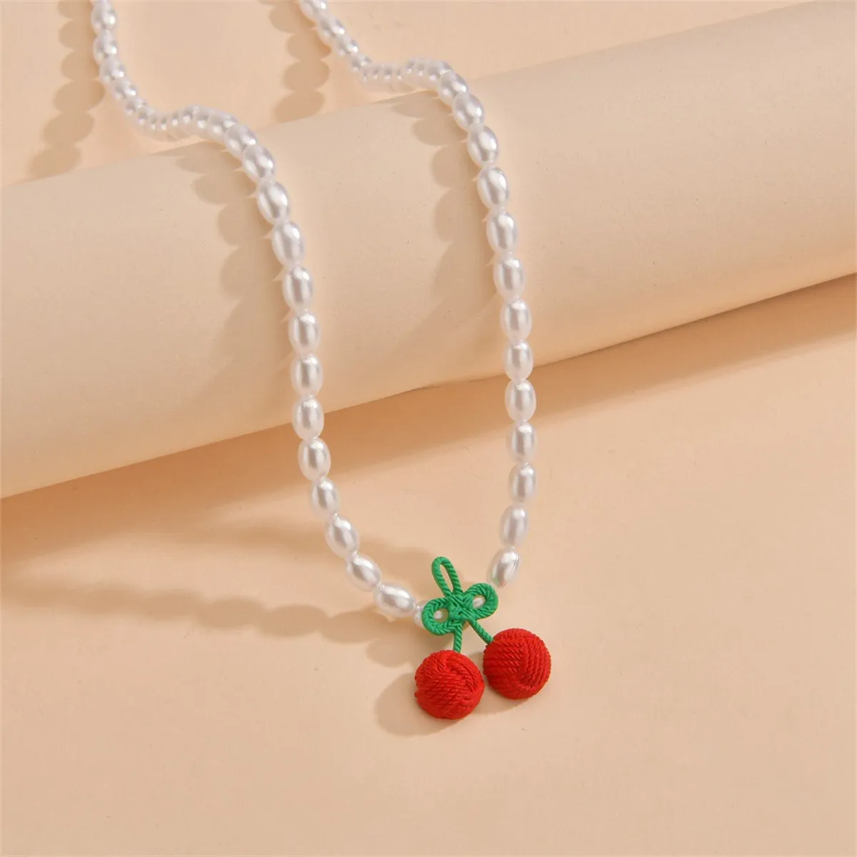 Pearl & Red Polyster Cherry Pendant Necklace