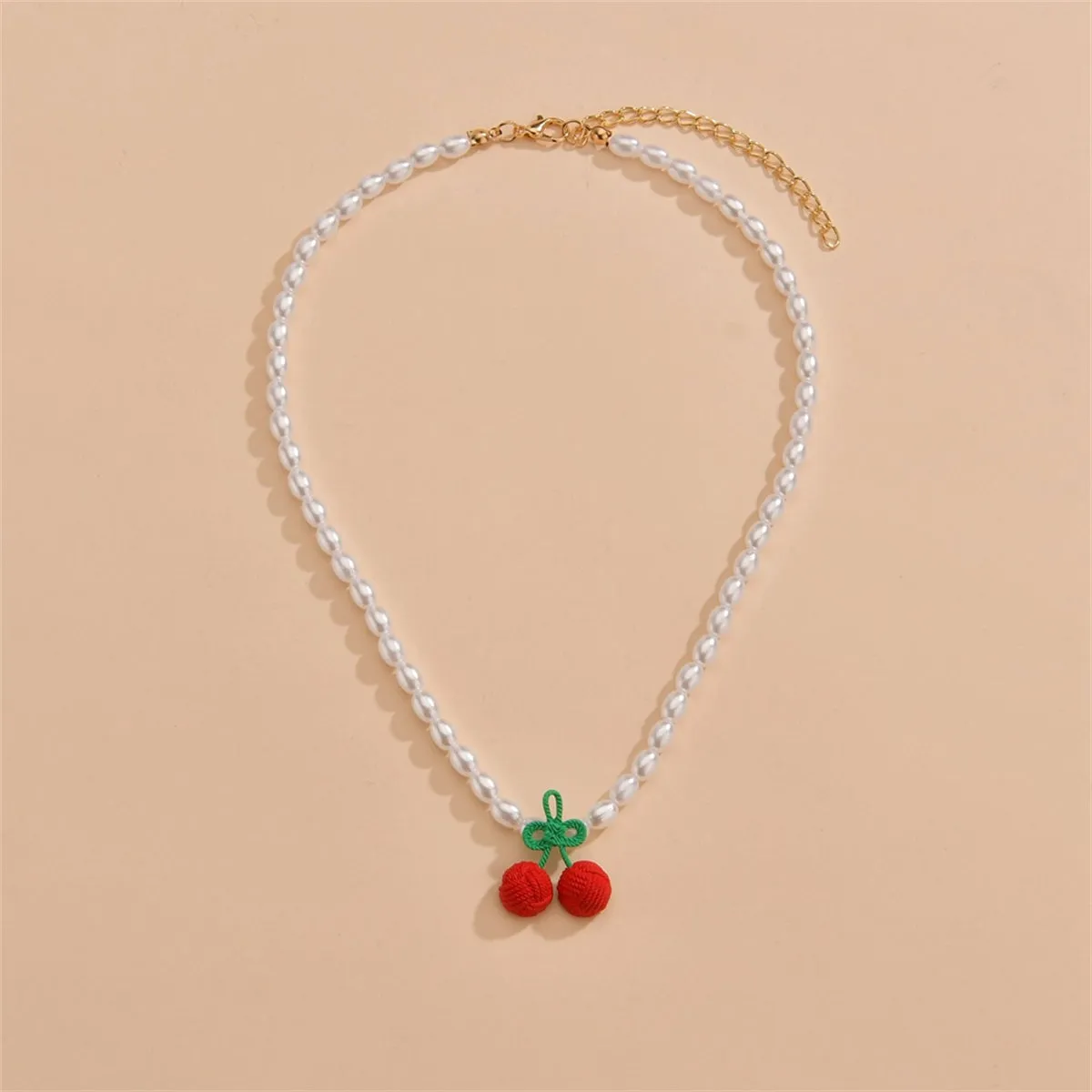 Pearl & Red Polyster Cherry Pendant Necklace