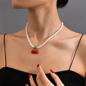 Pearl & Red Polyster Cherry Pendant Necklace